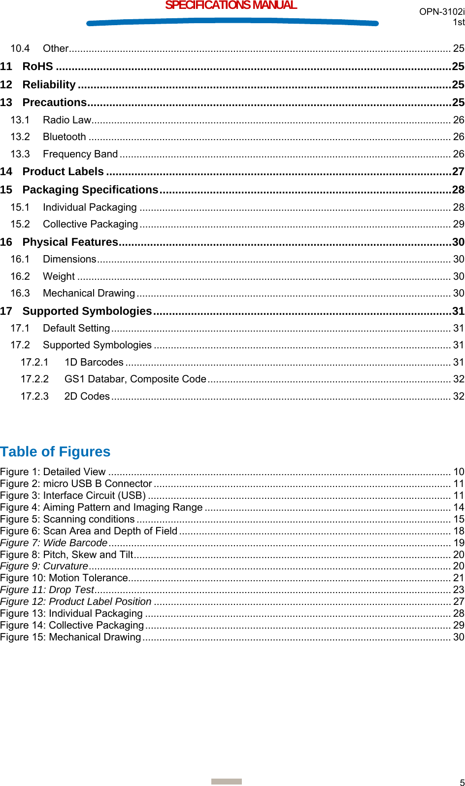  OPN-3102i 1st  5  SPECIFICATIONS MANUAL 10.4 Other ....................................................................................................................................... 25 11 RoHS .............................................................................................................................. 25 12 Reliability ....................................................................................................................... 25 13 Precautions .................................................................................................................... 25 13.1 Radio Law............................................................................................................................... 26 13.2 Bluetooth ................................................................................................................................ 26 13.3 Frequency Band ..................................................................................................................... 26 14 Product Labels .............................................................................................................. 27 15 Packaging Specifications ............................................................................................. 28 15.1 Individual Packaging .............................................................................................................. 28 15.2 Collective Packaging .............................................................................................................. 29 16 Physical Features .......................................................................................................... 30 16.1 Dimensions ............................................................................................................................. 30 16.2 Weight .................................................................................................................................... 30 16.3 Mechanical Drawing ............................................................................................................... 30 17 Supported Symbologies ............................................................................................... 31 17.1 Default Setting ........................................................................................................................ 31 17.2 Supported Symbologies ......................................................................................................... 31 17.2.1 1D Barcodes ................................................................................................................... 31 17.2.2 GS1 Databar, Composite Code ...................................................................................... 32 17.2.3 2D Codes ........................................................................................................................ 32   Table of Figures Figure 1: Detailed View ......................................................................................................................... 10 Figure 2: micro USB B Connector ......................................................................................................... 11 Figure 3: Interface Circuit (USB) ........................................................................................................... 11 Figure 4: Aiming Pattern and Imaging Range ....................................................................................... 14 Figure 5: Scanning conditions ............................................................................................................... 15 Figure 6: Scan Area and Depth of Field ................................................................................................ 18 Figure 7: Wide Barcode .........................................................................................................................  19 Figure 8: Pitch, Skew and Tilt ................................................................................................................ 20 Figure 9: Curvature ................................................................................................................................ 20 Figure 10: Motion Tolerance.................................................................................................................. 21 Figure 11: Drop Test .............................................................................................................................. 23 Figure 12: Product Label Position ......................................................................................................... 27 Figure 13: Individual Packaging ............................................................................................................ 28 Figure 14: Collective Packaging ............................................................................................................ 29 Figure 15: Mechanical Drawing ............................................................................................................. 30  