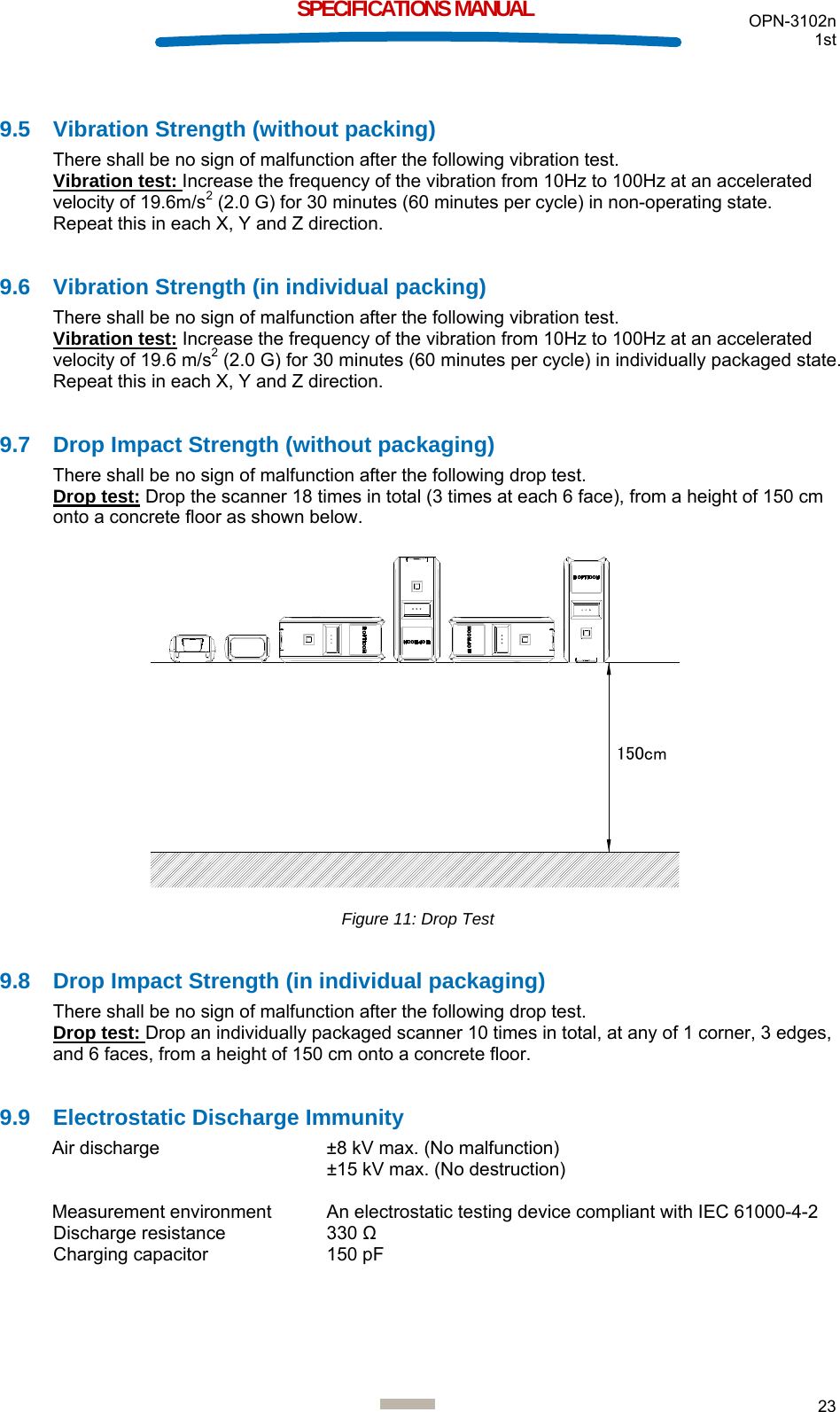  OPN-3102n 1st  23  SPECIFICATIONS MANUAL  9.5 Vibration Strength (without packing) There shall be no sign of malfunction after the following vibration test.  Vibration test: Increase the frequency of the vibration from 10Hz to 100Hz at an accelerated velocity of 19.6m/s2 (2.0 G) for 30 minutes (60 minutes per cycle) in non-operating state. Repeat this in each X, Y and Z direction.  9.6 Vibration Strength (in individual packing) There shall be no sign of malfunction after the following vibration test. Vibration test: Increase the frequency of the vibration from 10Hz to 100Hz at an accelerated velocity of 19.6 m/s2 (2.0 G) for 30 minutes (60 minutes per cycle) in individually packaged state. Repeat this in each X, Y and Z direction.  9.7  Drop Impact Strength (without packaging) There shall be no sign of malfunction after the following drop test. Drop test: Drop the scanner 18 times in total (3 times at each 6 face), from a height of 150 cm onto a concrete floor as shown below.  150cm Figure 11: Drop Test  9.8  Drop Impact Strength (in individual packaging) There shall be no sign of malfunction after the following drop test. Drop test: Drop an individually packaged scanner 10 times in total, at any of 1 corner, 3 edges, and 6 faces, from a height of 150 cm onto a concrete floor.  9.9  Electrostatic Discharge Immunity Air discharge  ±8 kV max. (No malfunction) ±15 kV max. (No destruction)  Measurement environment  An electrostatic testing device compliant with IEC 61000-4-2 Discharge resistance  330 Ω Charging capacitor  150 pF   
