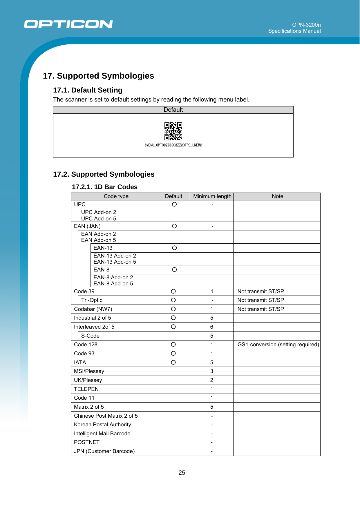 OPN-3200n Specifications Manual     25   17. Supported Symbologies 17.1. Default Setting  The scanner is set to default settings by reading the following menu label.   Default    17.2. Supported Symbologies  17.2.1. 1D Bar Codes  Code type  Default  Minimum length Note UPC  ○  -   UPC Add-on 2 UPC Add-on 5     EAN (JAN)  ○  -   EAN Add-on 2 EAN Add-on 5        EAN-13  ○       EAN-13 Add-on 2 EAN-13 Add-on 5        EAN-8  ○       EAN-8 Add-on 2 EAN-8 Add-on 5     Code 39  ○ 1  Not transmit ST/SP  Tri-Optic  ○ -  Not transmit ST/SP Codabar (NW7)  ○ 1  Not transmit ST/SP Industrial 2 of 5  ○ 5  Interleaved 2of 5  ○ 6   S-Code   5  Code 128  ○ 1 GS1 conversion (setting required)Code 93  ○ 1  IATA  ○ 5  MSI/Plessey   3  UK/Plessey   2  TELEPEN   1  Code 11   1  Matrix 2 of 5   5  Chinese Post Matrix 2 of 5   -  Korean Postal Authority   -  Intelligent Mail Barcode   -  POSTNET   -  JPN (Customer Barcode)   -   @MENU_OPTO@ZZ@SO@ZZ@OTPO_UNEM@