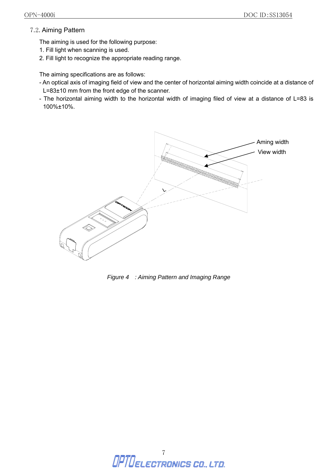 OPN-4000i                                                DOC ID：SS13054 7 7.2. Aiming Pattern  The aiming is used for the following purpose: 1. Fill light when scanning is used.   2. Fill light to recognize the appropriate reading range.  The aiming specifications are as follows: - An optical axis of imaging field of view and the center of horizontal aiming width coincide at a distance of L=83±10 mm from the front edge of the scanner.   - The horizontal aiming width to the horizontal width of imaging filed of view at a distance of L=83 is 100%±10%.  エイミング水平幅L水平撮像範囲 Figure 4    : Aiming Pattern and Imaging Range   Aming width View width 