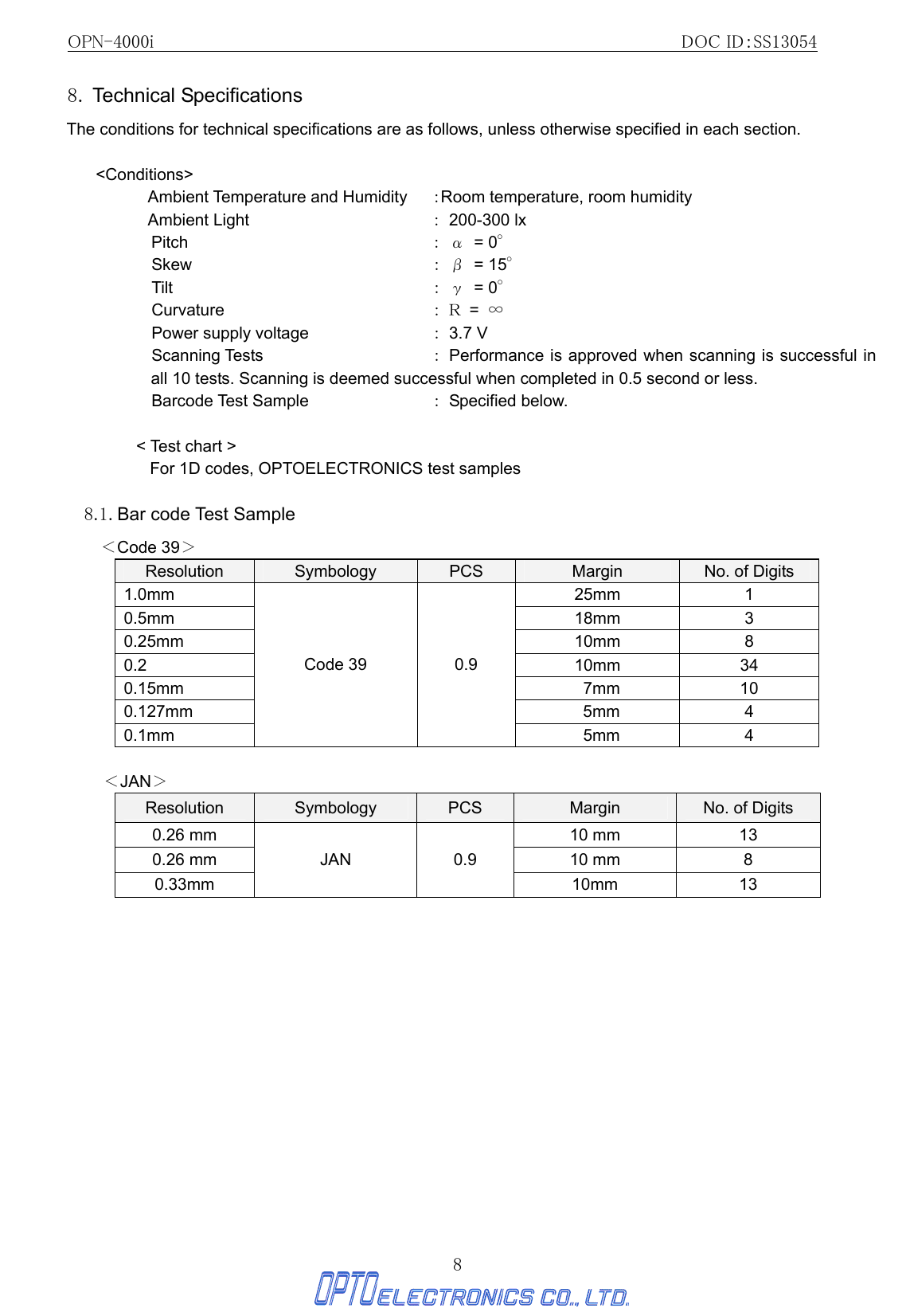 OPN-4000i                                                DOC ID：SS13054 8 8. Technical Specifications The conditions for technical specifications are as follows, unless otherwise specified in each section.  &lt;Conditions&gt; Ambient Temperature and Humidity  ：Room temperature, room humidity Ambient Light      ： 200-300 lx Pitch        ： α = 0° Skew        ： β = 15° Tilt        ： γ = 0° Curvature       ： Ｒ = ∞ Power supply voltage        ： 3.7 V  Scanning Tests      ：  Performance is approved when scanning is successful in all 10 tests. Scanning is deemed successful when completed in 0.5 second or less. Barcode Test Sample    ： Specified below.  &lt; Test chart &gt; For 1D codes, OPTOELECTRONICS test samples  8.1. Bar code Test Sample     ＜Code 39＞ Resolution  Symbology  PCS  Margin  No. of Digits 1.0mm 25mm 1  0.5mm 18mm 3 0.25mm 10mm 8 0.2 10mm 34 0.15mm  7mm 10 0.127mm  5mm 4 0.1mm Code 39  0.9  5mm  4                  ＜JAN＞ Resolution  Symbology  PCS  Margin  No. of Digits 0.26 mm  10 mm  13 0.26 mm  10 mm  8 0.33mm JAN 0.9 10mm 13  