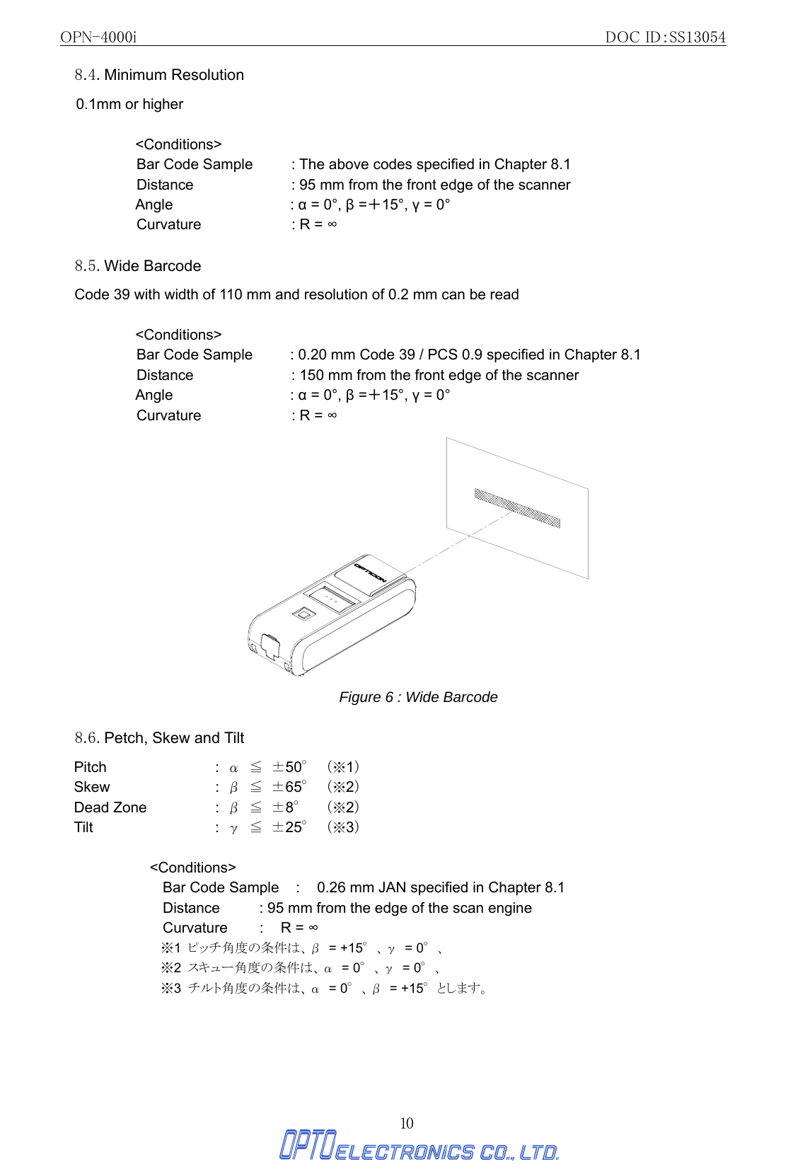 OPN-4000i                                                DOC ID：SS13054 10 8.4. Minimum Resolution 0.1mm or higher  &lt;Conditions&gt; Bar Code Sample  : The above codes specified in Chapter 8.1 Distance  : 95 mm from the front edge of the scanner Angle  : α = 0°, β =＋15°, γ = 0° Curvature  : R = ∞  8.5. Wide Barcode Code 39 with width of 110 mm and resolution of 0.2 mm can be read  &lt;Conditions&gt; Bar Code Sample  : 0.20 mm Code 39 / PCS 0.9 specified in Chapter 8.1 Distance  : 150 mm from the front edge of the scanner Angle  : α = 0°, β =＋15°, γ = 0° Curvature  : R = ∞  Figure 6 : Wide Barcode  8.6. Petch, Skew and Tilt Pitch : α ≦ ±50° （※1） Skew : β ≦ ±65° （※2） Dead Zone  :  β ≦ ±8° （※2） Tilt : γ ≦ ±25° （※3）   &lt;Conditions&gt; Bar Code Sample  :   0.26 mm JAN specified in Chapter 8.1 Distance  : 95 mm from the edge of the scan engine Curvature :  R = ∞ ※1  ピッチ角度の条件は、β = +15°、γ = 0°、 ※2  スキュー角度の条件は、α = 0°、γ = 0°、 ※3  チルト角度の条件は、α = 0°、β = +15°とします。 