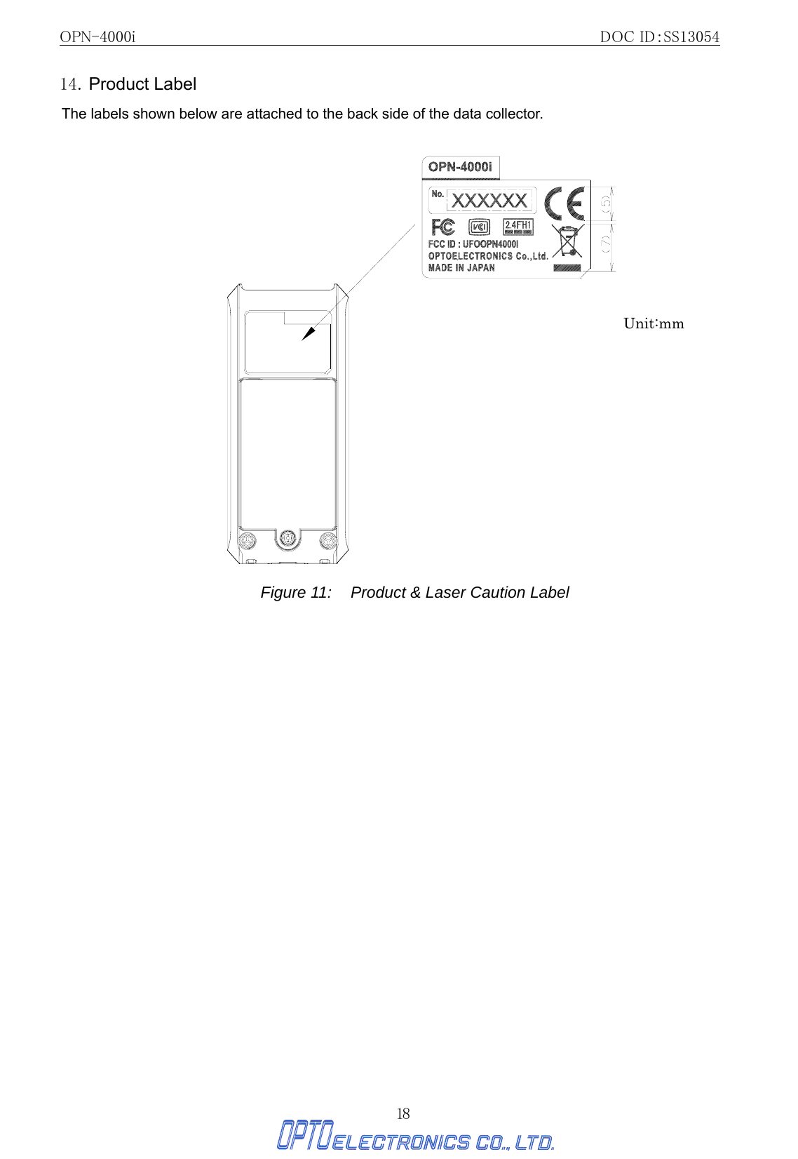 OPN-4000i                                                DOC ID：SS13054 18 14. Product Label The labels shown below are attached to the back side of the data collector.   Figure 11:   Product &amp; Laser Caution Label     Unit:mm 