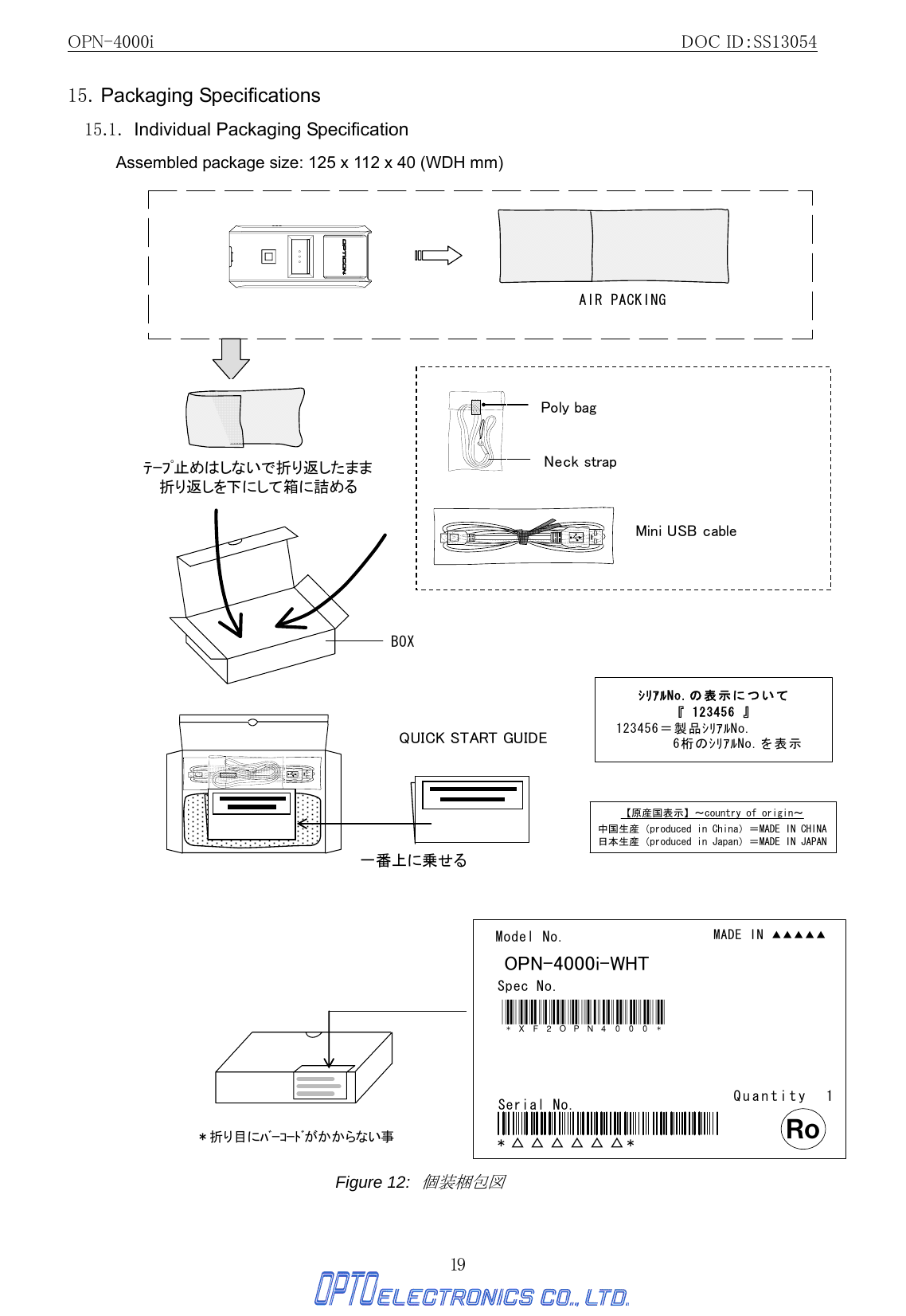 OPN-4000i                                                DOC ID：SS13054 19 15. Packaging Specifications 15.1.  Individual Packaging Specification Assembled package size: 125 x 112 x 40 (WDH mm) 【国内向】 個装箱ﾊﾞｰｺｰﾄﾞﾗﾍﾞﾙ  （3A0002）MADE IN▲▲▲▲▲Model No.MODEL NEMESpec No.*ﾊﾞｰｺｰﾄﾞ**△△△△△△*Serial No. Quantity 1Item No.Ｒｏ*XF2OPN4000**-*OPN-4000i-WHTAIR PACKINGOPN10018003-0-01Neck strapPoly bagMini USB cableBOXNo.OPN20018001-0-00＊折り目にﾊﾞｰｺｰﾄﾞがかからない事ｼﾘｱﾙNo.の表示について『 123456 』123456＝製品ｼﾘｱﾙNo.6桁のｼﾘｱﾙNo.を表示【原産国表示】～country of origin～中国生産（produced in China）＝MADE IN CHINA日本生産（produced in Japan）＝MADE IN JAPANﾃｰﾌﾟ止めはしないで折り返したまま折り返しを下にして箱に詰めるQUICK START GUIDE一番上に乗せる Figure 12:  個装梱包図  