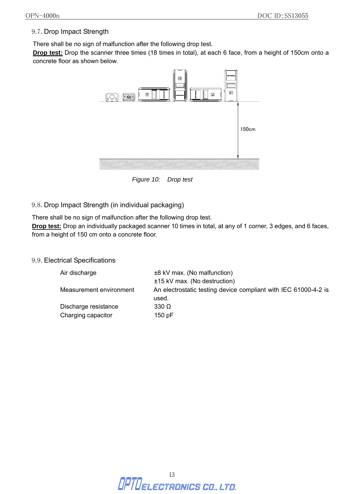 OPN-4000n                                                         DOC ID：SS13055 13 9.7. Drop Impact Strength There shall be no sign of malfunction after the following drop test. Drop test: Drop the scanner three times (18 times in total), at each 6 face, from a height of 150cm onto a concrete floor as shown below.   150cm Figure 10:  Drop test   9.8. Drop Impact Strength (in individual packaging) There shall be no sign of malfunction after the following drop test. Drop test: Drop an individually packaged scanner 10 times in total, at any of 1 corner, 3 edges, and 6 faces, from a height of 150 cm onto a concrete floor.  9.9. Electrical Specifications Air discharge  ±8 kV max. (No malfunction) ±15 kV max. (No destruction) Measurement environment  An electrostatic testing device compliant with IEC 61000-4-2 is used. Discharge resistance  330 Ω Charging capacitor  150 pF   