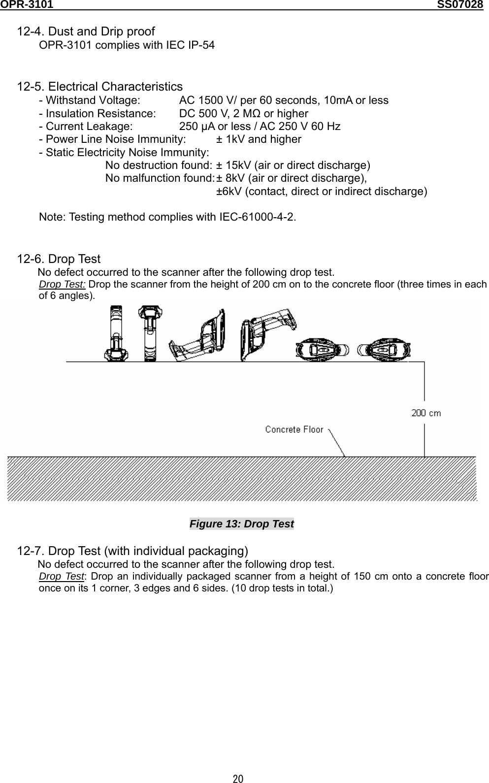 OPR-3101                                                                                   SS07028  20  12-4. Dust and Drip proof OPR-3101 complies with IEC IP-54   12-5. Electrical Characteristics - Withstand Voltage:   AC 1500 V/ per 60 seconds, 10mA or less - Insulation Resistance:  DC 500 V, 2 MΩ or higher - Current Leakage:    250 μA or less / AC 250 V 60 Hz - Power Line Noise Immunity:  ± 1kV and higher - Static Electricity Noise Immunity: No destruction found: ± 15kV (air or direct discharge) No malfunction found: ± 8kV (air or direct discharge), ±6kV (contact, direct or indirect discharge)  Note: Testing method complies with IEC-61000-4-2.   12-6. Drop Test No defect occurred to the scanner after the following drop test. Drop Test: Drop the scanner from the height of 200 cm on to the concrete floor (three times in each of 6 angles).   Figure 13: Drop Test  12-7. Drop Test (with individual packaging) No defect occurred to the scanner after the following drop test. Drop Test: Drop an individually packaged scanner from a height of 150 cm onto a concrete floor once on its 1 corner, 3 edges and 6 sides. (10 drop tests in total.)  