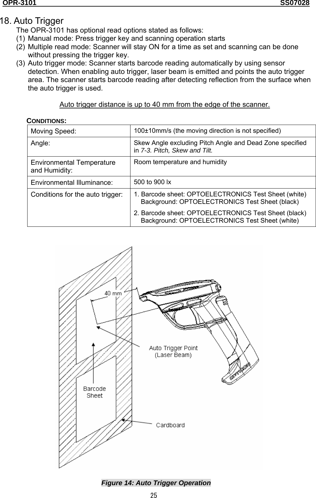 OPR-3101                                                                                   SS07028  25  18. Auto Trigger The OPR-3101 has optional read options stated as follows: (1)  Manual mode: Press trigger key and scanning operation starts (2)  Multiple read mode: Scanner will stay ON for a time as set and scanning can be done without pressing the trigger key. (3)  Auto trigger mode: Scanner starts barcode reading automatically by using sensor detection. When enabling auto trigger, laser beam is emitted and points the auto trigger area. The scanner starts barcode reading after detecting reflection from the surface when the auto trigger is used.    Auto trigger distance is up to 40 mm from the edge of the scanner.  CONDITIONS: Moving Speed:  100±10mm/s (the moving direction is not specified) Angle:  Skew Angle excluding Pitch Angle and Dead Zone specified in 7-3. Pitch, Skew and Tilt. Environmental Temperature and Humidity: Room temperature and humidity Environmental Illuminance:  500 to 900 lx Conditions for the auto trigger:  1. Barcode sheet: OPTOELECTRONICS Test Sheet (white)     Background: OPTOELECTRONICS Test Sheet (black) 2. Barcode sheet: OPTOELECTRONICS Test Sheet (black)     Background: OPTOELECTRONICS Test Sheet (white)     Figure 14: Auto Trigger Operation 