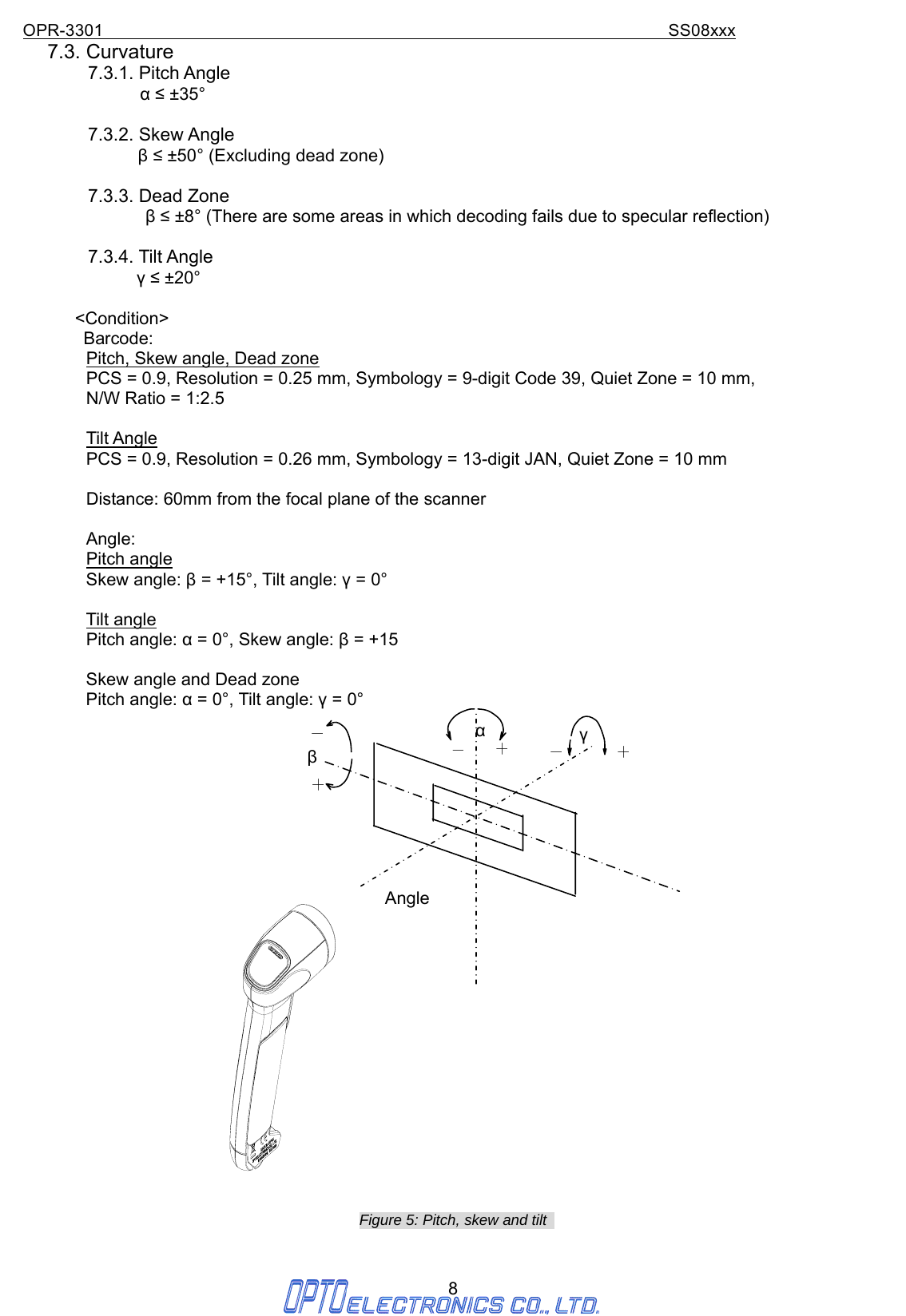 OPR-3301                                                                SS08xxx 8 7.3. Curvature 7.3.1. Pitch Angle   α ≤ ±35°  7.3.2. Skew Angle   β ≤ ±50° (Excluding dead zone)  7.3.3. Dead Zone   β ≤ ±8° (There are some areas in which decoding fails due to specular reflection)  7.3.4. Tilt Angle                 γ ≤ ±20°                  &lt;Condition&gt;          Barcode:  Pitch, Skew angle, Dead zone PCS = 0.9, Resolution = 0.25 mm, Symbology = 9-digit Code 39, Quiet Zone = 10 mm,   N/W Ratio = 1:2.5  Tilt Angle PCS = 0.9, Resolution = 0.26 mm, Symbology = 13-digit JAN, Quiet Zone = 10 mm  Distance: 60mm from the focal plane of the scanner  Angle:  Pitch angle Skew angle: β = +15°, Tilt angle: γ = 0°  Tilt angle Pitch angle: α = 0°, Skew angle: β = +15  Skew angle and Dead zone Pitch angle: α = 0°, Tilt angle: γ = 0°                          Figure 5: Pitch, skew and tilt     Angle β －＋－＋α＋－γ