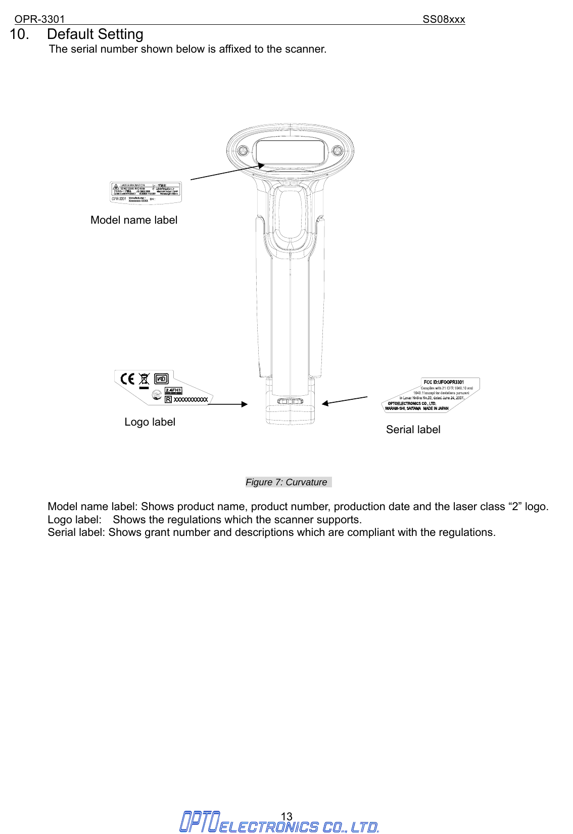 OPR-3301                                                                SS08xxx 13 10. Default Setting The serial number shown below is affixed to the scanner.      Figure 7: Curvature                    Model name label: Shows product name, product number, production date and the laser class “2” logo.         Logo label:  Shows the regulations which the scanner supports.                 Serial label: Shows grant number and descriptions which are compliant with the regulations.                     Model name label Serial label Logo label 