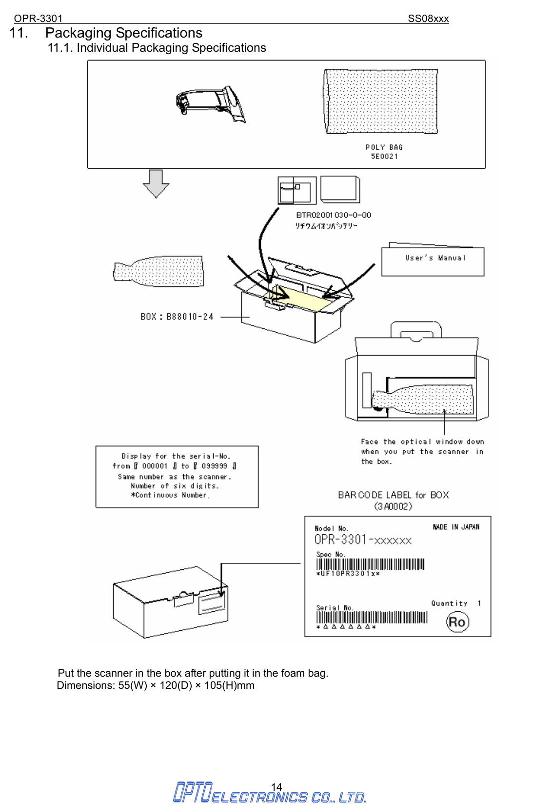 OPR-3301                                                                SS08xxx 14 11. Packaging Specifications 11.1. Individual Packaging Specifications        Put the scanner in the box after putting it in the foam bag.            Dimensions: 55(W) × 120(D) × 105(H)mm        