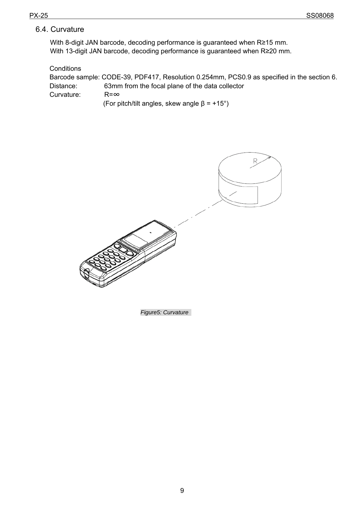 PX-25                                                                             SS08068           96.4. Curvature With 8-digit JAN barcode, decoding performance is guaranteed when R≥15 mm. With 13-digit JAN barcode, decoding performance is guaranteed when R≥20 mm.  Conditions Barcode sample: CODE-39, PDF417, Resolution 0.254mm, PCS0.9 as specified in the section 6. Distance:                63mm from the focal plane of the data collector   Curvature:       R=∞  (For pitch/tilt angles, skew angle β = +15°)    Figure5: Curvature                     