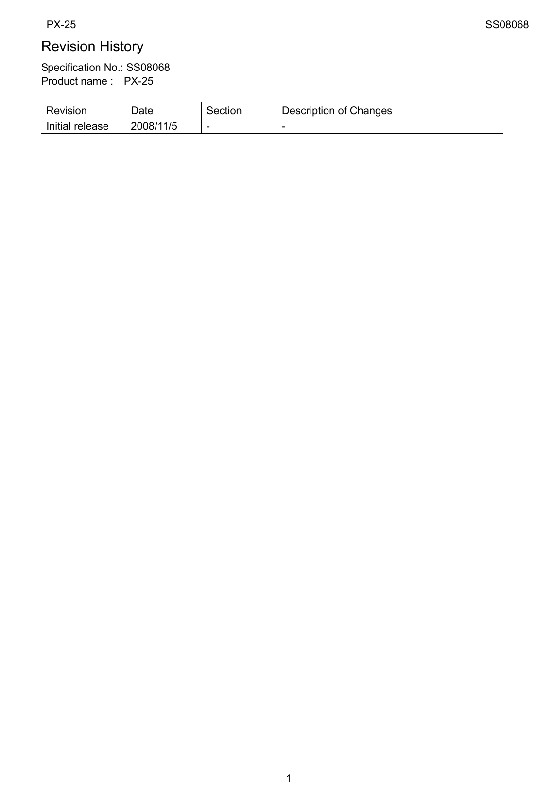 PX-25                                                                             SS08068           1Revision History Specification No.: SS08068 Product name :    PX-25  Revision  Date  Section  Description of Changes Initial release  2008/11/5  -  -  