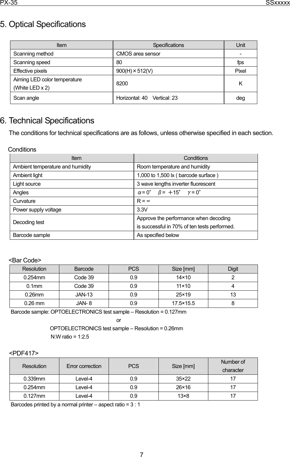 PX-35                                                                              SSxxxxx  7  5. Optical Specifications  Item  Specifications  Unit Scanning method  CMOS area sensor    - Scanning speed  80  fps Effective pixels  900(H)×512(V) Pixel Aiming LED color temperature   (White LED x 2)  8200 K Scan angle  Horizontal: 40    Vertical: 23  deg  6. Technical Specifications The conditions for technical specifications are as follows, unless otherwise specified in each section.    Conditions    Item  Conditions Ambient temperature and humidity  Room temperature and humidity Ambient light  1,000 to 1,500 lx ( barcode surface ) Light source  3 wave lengths inverter fluorescent Angles  α= 0° β=  ＋15° γ= 0° Curvature R = ∞ Power supply voltage  3.3V Decoding test  Approve the performance when decoding   is successful in 70% of ten tests performed. Barcode sample  As specified below   &lt;Bar Code&gt; Resolution  Barcode  PCS  Size [mm]  Digit 0.254mm Code 39  0.9  14×10  2  0.1mm Code 39  0.9  11×10  4  0.26mm JAN-13  0.9  25×19  13  0.26 mm  JAN- 8  0.9  17.5×15.5  8   Barcode sample: OPTOELECTRONICS test sample – Resolution = 0.127mm                        or                 OPTOELECTRONICS test sample – Resolution = 0.26mm     N:W ratio = 1:2.5  &lt;PDF417&gt; Resolution  Error correction  PCS  Size [mm]  Number of character 0.339mm Level-4  0.9  35×22  17 0.254mm Level-4  0.9  26×16  17 0.127mm Level-4  0.9  13×8  17 Barcodes printed by a normal printer – aspect ratio = 3 : 1 