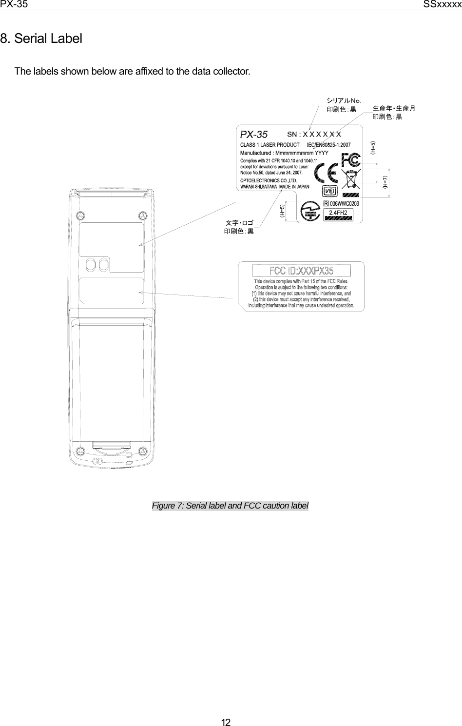 PX-35                                                                              SSxxxxx  12  8. Serial Label        The labels shown below are affixed to the data collector. 生産年・生産月印刷色：黒　シリアルＮｏ．印刷色：黒(H=5)(H=7)(H=5)文字・ロゴ印刷色：黒 Figure 7: Serial label and FCC caution label               