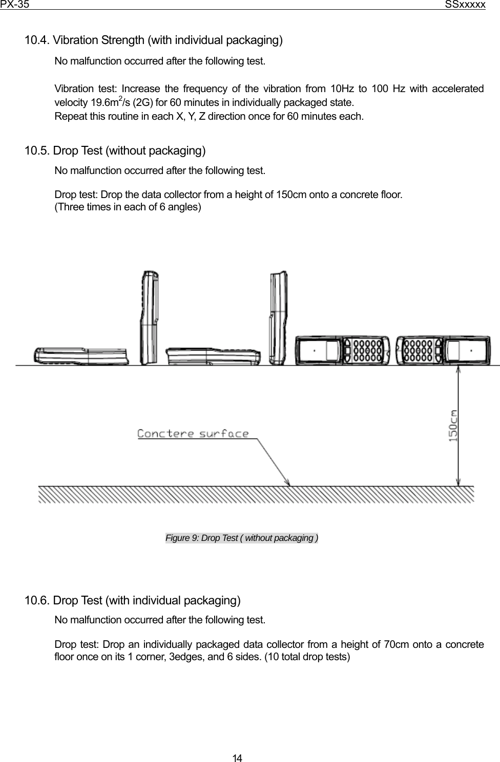 PX-35                                                                              SSxxxxx  14  10.4. Vibration Strength (with individual packaging) No malfunction occurred after the following test.  Vibration test: Increase the frequency of the vibration from 10Hz to 100 Hz with accelerated velocity 19.6m2/s (2G) for 60 minutes in individually packaged state.     Repeat this routine in each X, Y, Z direction once for 60 minutes each.  10.5. Drop Test (without packaging) No malfunction occurred after the following test.  Drop test: Drop the data collector from a height of 150cm onto a concrete floor. (Three times in each of 6 angles)                        Figure 9: Drop Test ( without packaging )     10.6. Drop Test (with individual packaging) No malfunction occurred after the following test.  Drop test: Drop an individually packaged data collector from a height of 70cm onto a concrete floor once on its 1 corner, 3edges, and 6 sides. (10 total drop tests)      