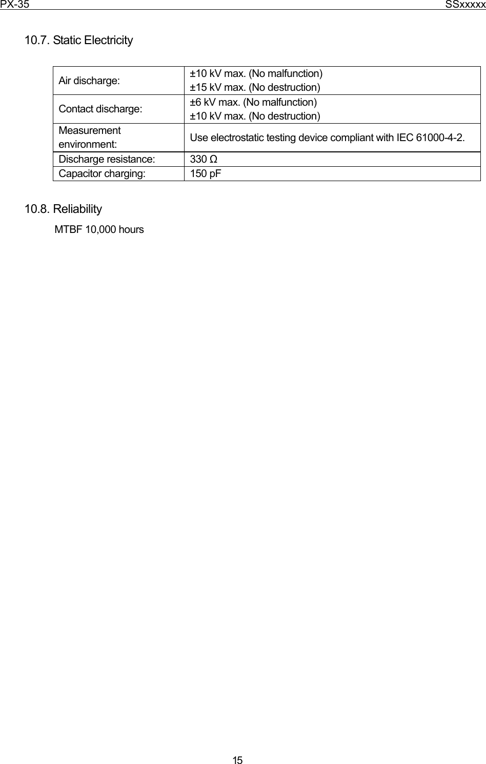 PX-35                                                                              SSxxxxx  15  10.7. Static Electricity           Air discharge:  ±10 kV max. (No malfunction)   ±15 kV max. (No destruction) Contact discharge:  ±6 kV max. (No malfunction) ±10 kV max. (No destruction) Measurement environment:  Use electrostatic testing device compliant with IEC 61000-4-2. Discharge resistance:  330 Ω Capacitor charging:  150 pF  10.8. Reliability MTBF 10,000 hours   