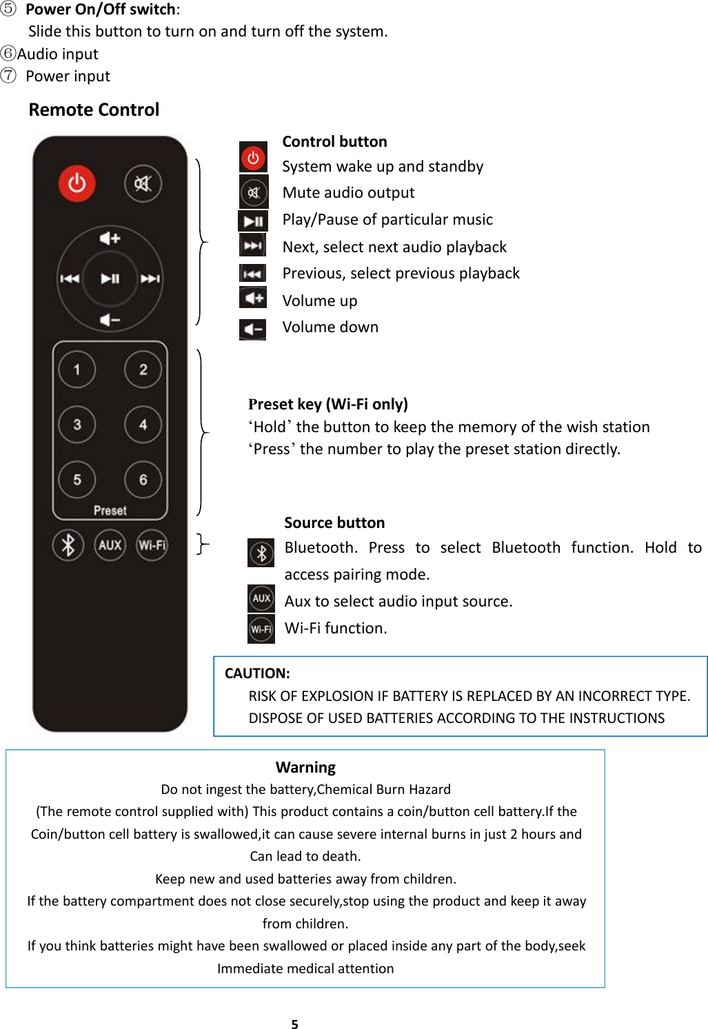 5⑤Power On/Off switch:Slide this button to turn on and turn off the system.⑥Audio input⑦Power inputRemote ControlControl buttonSystem wake up and standbyMute audio outputPlay/Pause of particular musicNext, select next audio playbackPrevious, select previous playbackVolume upVolume downPreset key (Wi-Fi only)‘Hold’the button to keep the memory of the wish station‘Press’the number to play the preset station directly.Source buttonBluetooth. Press to select Bluetooth function. Hold toaccess pairing mode.Aux to select audio input source.Wi-Fi function.CAUTION:RISK OF EXPLOSION IF BATTERY IS REPLACED BY AN INCORRECT TYPE.DISPOSE OF USED BATTERIES ACCORDING TO THE INSTRUCTIONSWarningDo not ingest the battery,Chemical Burn Hazard(The remote control supplied with) This product contains a coin/button cell battery.If theCoin/button cell battery is swallowed,it can cause severe internal burns in just 2 hours andCan lead to death.Keep new and used batteries away from children.If the battery compartment does not close securely,stop using the product and keep it awayfrom children.If you think batteries might have been swallowed or placed inside any part of the body,seekImmediate medical attention