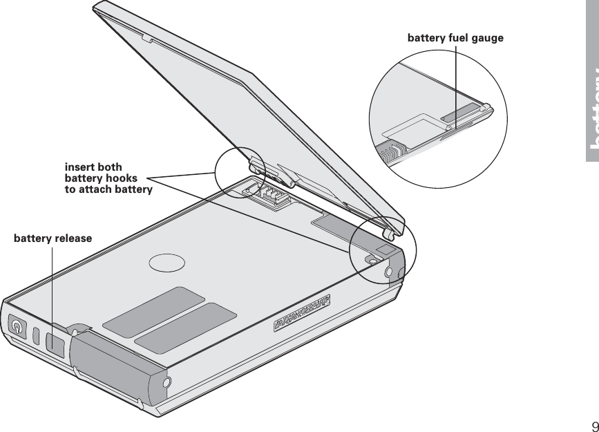 batterybattery releasebattery fuel gaugeinsert bothbattery hooksto attach battery9