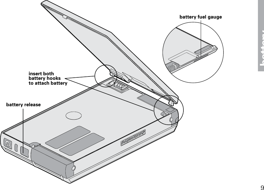 batterybattery releasebattery fuel gaugeinsert bothbattery hooksto attach battery9