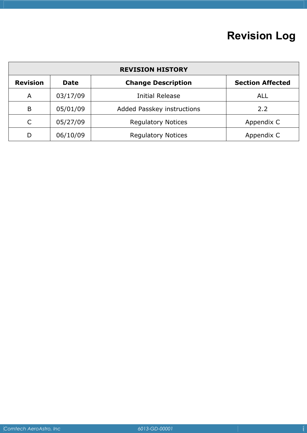    Comtech AeroAstro, Inc   6013-GD-00001  i  Revision Log  REVISION HISTORY Revision Date  Change Description  Section Affected A 03/17/09  Initial Release  ALL B  05/01/09  Added Passkey instructions  2.2 C 05/27/09  Regulatory Notices  Appendix C D 06/10/09  Regulatory Notices  Appendix C                