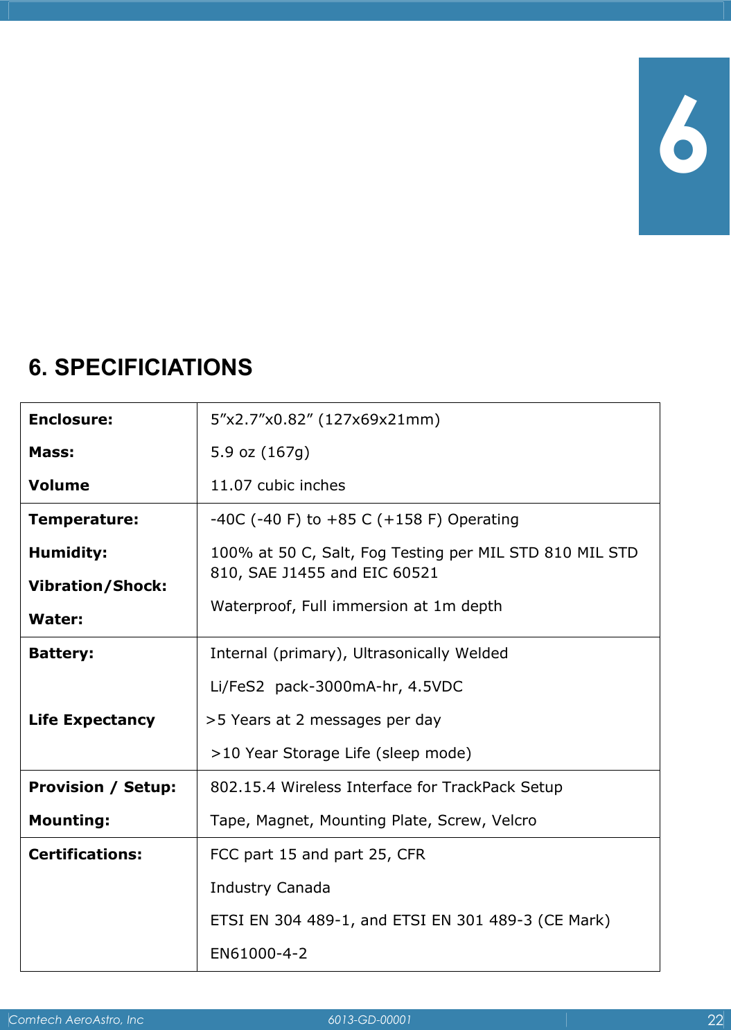    Comtech AeroAstro, Inc   6013-GD-00001  22           6. SPECIFICIATIONS Enclosure: Mass:  Volume 5&rdquo;x2.7&rdquo;x0.82&rdquo; (127x69x21mm) 5.9 oz (167g)  11.07 cubic inches Temperature: Humidity: Vibration/Shock:      Water: -40C (-40 F) to +85 C (+158 F) Operating 100% at 50 C, Salt, Fog Testing per MIL STD 810 MIL STD 810, SAE J1455 and EIC 60521 Waterproof, Full immersion at 1m depth Battery:             Life Expectancy Internal (primary), Ultrasonically Welded Li/FeS2  pack-3000mA-hr, 4.5VDC >5 Years at 2 messages per day >10 Year Storage Life (sleep mode) Provision / Setup: Mounting: 802.15.4 Wireless Interface for TrackPack Setup  Tape, Magnet, Mounting Plate, Screw, Velcro Certifications:    FCC part 15 and part 25, CFR Industry Canada ETSI EN 304 489-1, and ETSI EN 301 489-3 (CE Mark) EN61000-4-2 6 