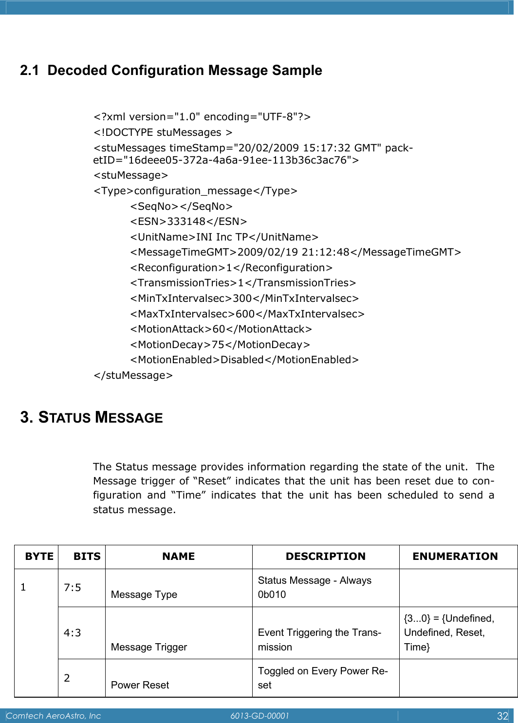    Comtech AeroAstro, Inc   6013-GD-00001  32   2.1  Decoded Configuration Message Sample  <?xml version="1.0" encoding="UTF-8"?> <!DOCTYPE stuMessages > <stuMessages timeStamp="20/02/2009 15:17:32 GMT" pack-etID="16deee05-372a-4a6a-91ee-113b36c3ac76">  <stuMessage> <Type>configuration_message</Type>  <SeqNo></SeqNo>  <ESN>333148</ESN>   <UnitName>INI Inc TP</UnitName>  <MessageTimeGMT>2009/02/19 21:12:48</MessageTimeGMT>  <Reconfiguration>1</Reconfiguration>  <TransmissionTries>1</TransmissionTries>  <MinTxIntervalsec>300</MinTxIntervalsec>  <MaxTxIntervalsec>600</MaxTxIntervalsec>  <MotionAttack>60</MotionAttack>  <MotionDecay>75</MotionDecay>  <MotionEnabled>Disabled</MotionEnabled> </stuMessage>  3. STATUS MESSAGE  The Status message provides information regarding the state of the unit.  The Message trigger of &ldquo;Reset&rdquo; indicates that the unit has been reset due to con-figuration and &ldquo;Time&rdquo; indicates that the unit has been scheduled to send a status message.  BYTE BITS  NAME  DESCRIPTION  ENUMERATION 7:5  Message Type Status Message - Always 0b010   4:3 Message Trigger Event Triggering the Trans-mission {3...0} = {Undefined, Undefined, Reset, Time} 1 2  Power Reset Toggled on Every Power Re-set    
