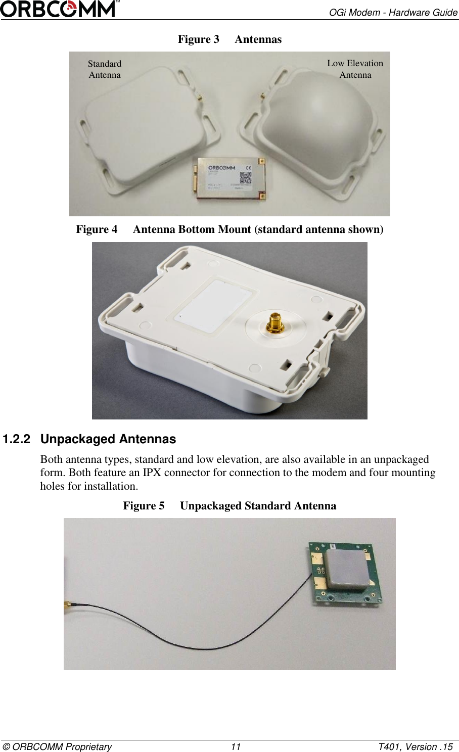        OGi Modem - Hardware Guide &copy; ORBCOMM Proprietary                                             11                                                    T401, Version .15 Figure 3  Antennas  Figure 4  Antenna Bottom Mount (standard antenna shown)  1.2.2  Unpackaged Antennas Both antenna types, standard and low elevation, are also available in an unpackaged form. Both feature an IPX connector for connection to the modem and four mounting holes for installation. Figure 5  Unpackaged Standard Antenna  Standard Antenna Low Elevation Antenna 