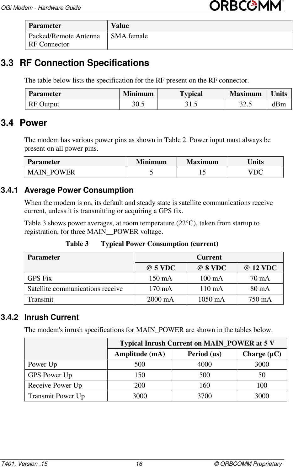 OGi Modem - Hardware Guide T401, Version .15                                                      16                                            &copy; ORBCOMM Proprietary Parameter Value Packed/Remote Antenna RF Connector SMA female 3.3  RF Connection Specifications The table below lists the specification for the RF present on the RF connector.  Parameter Minimum Typical Maximum Units RF Output 30.5 31.5 32.5 dBm 3.4  Power The modem has various power pins as shown in Table 2. Power input must always be present on all power pins.  Parameter Minimum Maximum Units MAIN_POWER 5 15 VDC 3.4.1  Average Power Consumption When the modem is on, its default and steady state is satellite communications receive current, unless it is transmitting or acquiring a GPS fix. Table 3 shows power averages, at room temperature (22&deg;C), taken from startup to registration, for three MAIN__POWER voltage.  Table 3  Typical Power Consumption (current) Parameter Current @ 5 VDC @ 8 VDC @ 12 VDC GPS Fix 150 mA 100 mA 70 mA Satellite communications receive  170 mA 110 mA 80 mA Transmit  2000 mA 1050 mA 750 mA 3.4.2  Inrush Current The modem's inrush specifications for MAIN_POWER are shown in the tables below.   Typical Inrush Current on MAIN_POWER at 5 V Amplitude (mA) Period (&micro;s) Charge (&micro;C) Power Up 500 4000 3000 GPS Power Up 150 500 50 Receive Power Up 200 160 100 Transmit Power Up 3000 3700 3000  