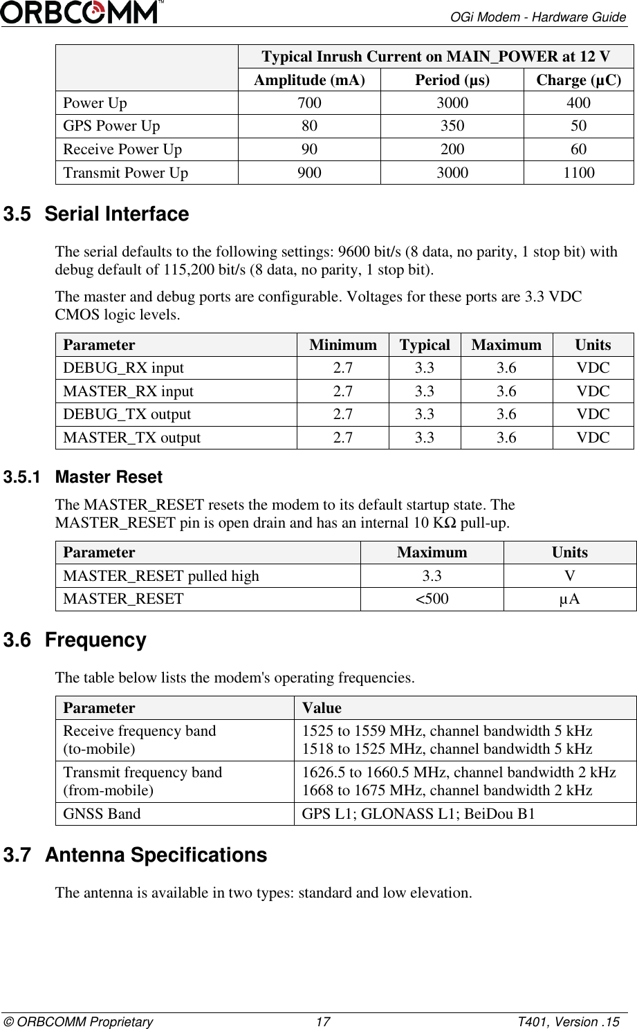        OGi Modem - Hardware Guide &copy; ORBCOMM Proprietary                                             17                                                    T401, Version .15  Typical Inrush Current on MAIN_POWER at 12 V Amplitude (mA) Period (&micro;s) Charge (&micro;C) Power Up 700 3000 400 GPS Power Up 80 350 50 Receive Power Up 90 200 60 Transmit Power Up 900 3000 1100 3.5  Serial Interface The serial defaults to the following settings: 9600 bit/s (8 data, no parity, 1 stop bit) with debug default of 115,200 bit/s (8 data, no parity, 1 stop bit). The master and debug ports are configurable. Voltages for these ports are 3.3 VDC CMOS logic levels. Parameter Minimum Typical Maximum Units DEBUG_RX input 2.7 3.3 3.6 VDC MASTER_RX input 2.7 3.3 3.6 VDC DEBUG_TX output 2.7 3.3 3.6 VDC MASTER_TX output 2.7 3.3 3.6 VDC 3.5.1  Master Reset The MASTER_RESET resets the modem to its default startup state. The MASTER_RESET pin is open drain and has an internal 10 KΩ pull-up.  Parameter Maximum Units MASTER_RESET pulled high 3.3 V MASTER_RESET <500 &micro;A 3.6  Frequency The table below lists the modem's operating frequencies. Parameter Value Receive frequency band (to-mobile) 1525 to 1559 MHz, channel bandwidth 5 kHz 1518 to 1525 MHz, channel bandwidth 5 kHz Transmit frequency band (from-mobile) 1626.5 to 1660.5 MHz, channel bandwidth 2 kHz 1668 to 1675 MHz, channel bandwidth 2 kHz GNSS Band GPS L1; GLONASS L1; BeiDou B1 3.7  Antenna Specifications The antenna is available in two types: standard and low elevation.  