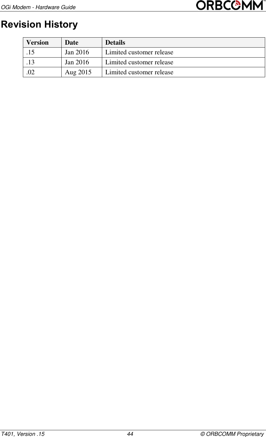 OGi Modem - Hardware Guide T401, Version .15                                                      44                                            &copy; ORBCOMM Proprietary Revision History Version Date Details .15 Jan 2016 Limited customer release .13 Jan 2016 Limited customer release .02 Aug 2015 Limited customer release  