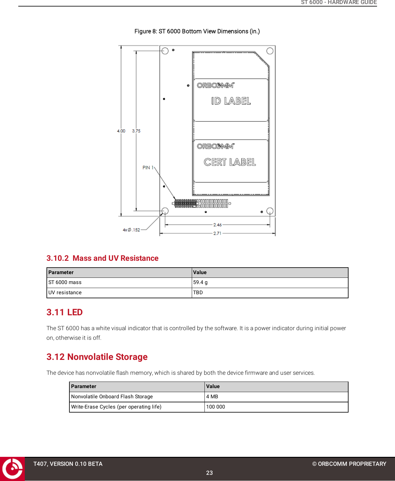 ST 6000 - HARDWARE GUIDEFigure 8: ST 6000 Bottom View Dimensions (in.)3.10.2 Mass and UV ResistanceParameter ValueST 6000 mass 59.4 gUV resistance TBD3.11 LEDThe ST 6000 has a white visual indicator that is controlled by the software. It is a power indicator during initial poweron, otherwise it is off.3.12 Nonvolatile StorageThe device has nonvolatile flash memory, which is shared by both the device firmware and user services.Parameter ValueNonvolatile Onboard Flash Storage 4 MBWrite-Erase Cycles (per operating life) 100 000T407, VERSION 0.10 BETA23© ORBCOMM PROPRIETARY