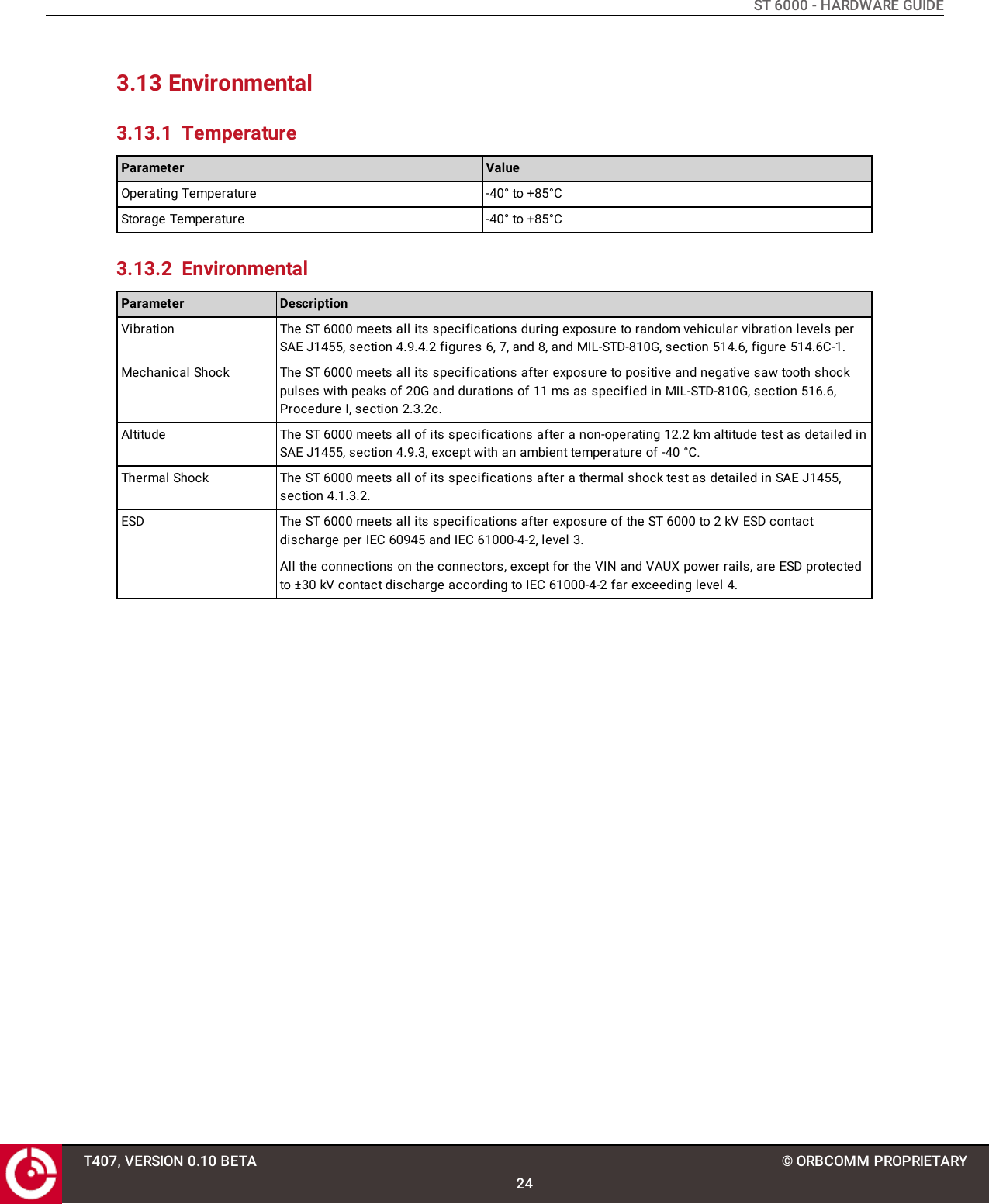 ST 6000 - HARDWARE GUIDE3.13 Environmental3.13.1 TemperatureParameter ValueOperating Temperature -40° to +85°CStorage Temperature -40° to +85°C3.13.2 EnvironmentalParameter DescriptionVibration The ST 6000 meets all its specifications during exposure to random vehicular vibration levels perSAE J1455, section 4.9.4.2 figures 6, 7, and 8, and MIL-STD-810G, section 514.6, figure 514.6C-1.Mechanical Shock The ST 6000 meets all its specifications after exposure to positive and negative saw tooth shockpulses with peaks of 20G and durations of 11 ms as specified in MIL-STD-810G, section 516.6,Procedure I, section 2.3.2c.Altitude The ST 6000 meets all of its specifications after a non-operating 12.2 km altitude test as detailed inSAE J1455, section 4.9.3, except with an ambient temperature of -40 °C.Thermal Shock The ST 6000 meets all of its specifications after a thermal shock test as detailed in SAE J1455,section 4.1.3.2.ESD The ST 6000 meets all its specifications after exposure of the ST 6000 to 2 kV ESD contactdischarge per IEC 60945 and IEC 61000-4-2, level 3.All the connections on the connectors, except for the VIN and VAUX power rails, are ESD protectedto ±30 kV contact discharge according to IEC 61000-4-2 far exceeding level 4.T407, VERSION 0.10 BETA24© ORBCOMM PROPRIETARY