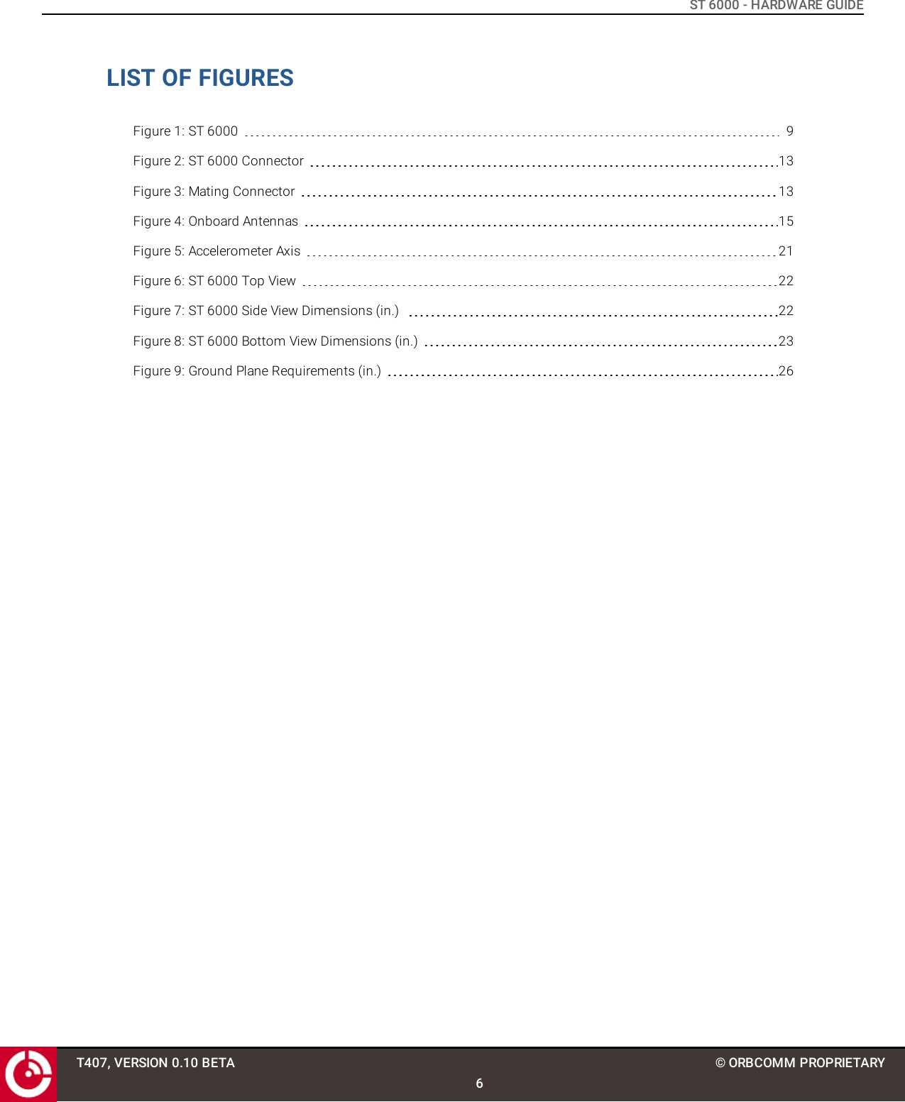 ST 6000 - HARDWARE GUIDELIST OF FIGURESFigure 1: ST 6000 9Figure 2: ST 6000 Connector 13Figure 3: Mating Connector 13Figure 4: Onboard Antennas 15Figure 5: Accelerometer Axis 21Figure 6: ST 6000 Top View 22Figure 7: ST 6000 Side View Dimensions (in.) 22Figure 8: ST 6000 Bottom View Dimensions (in.) 23Figure 9: Ground Plane Requirements (in.) 26T407, VERSION 0.10 BETA6© ORBCOMM PROPRIETARY
