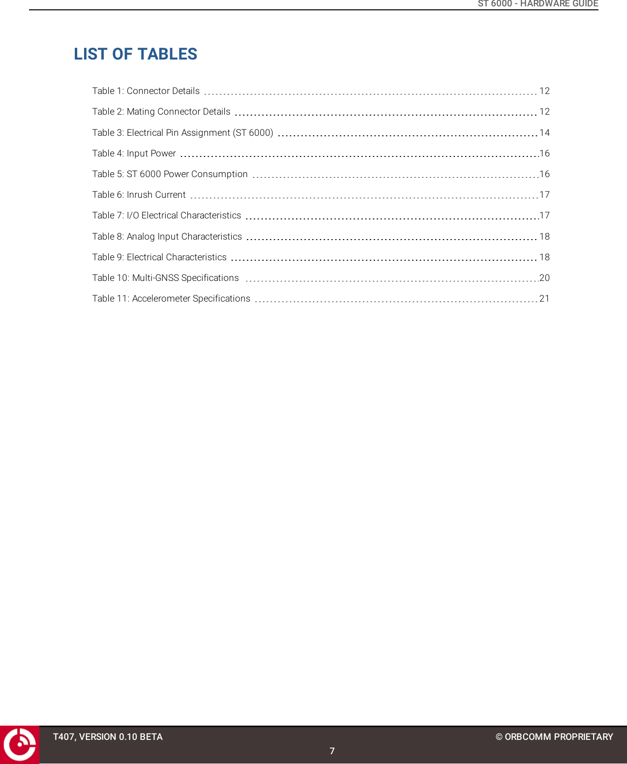 ST 6000 - HARDWARE GUIDELIST OF TABLESTable 1: Connector Details 12Table 2: Mating Connector Details 12Table 3: Electrical Pin Assignment (ST 6000) 14Table 4: Input Power 16Table 5: ST 6000 Power Consumption 16Table 6: Inrush Current 17Table 7: I/O Electrical Characteristics 17Table 8: Analog Input Characteristics 18Table 9: Electrical Characteristics 18Table 10: Multi-GNSS Specifications 20Table 11: Accelerometer Specifications 21T407, VERSION 0.10 BETA7© ORBCOMM PROPRIETARY