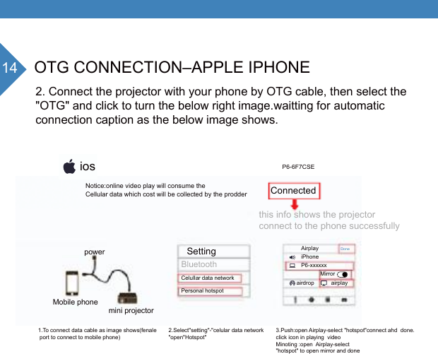 14 OTG CONNECTION&ndash;APPLE IPHONE2. Connect the projector with your phone by OTG cable, then select the "OTG" and click to turn the below right image.waitting for automatic connection caption as the below image shows.P6-6F7CSEConnectedthis info shows the projectorconnect to the phone successfullypower SettingBluetoothCelullar data networkPersonal hotspotAirplayiPhoneP6-xxxxxxMirrorairdropairplayDoneMobile phonemini projector1.To connect data cable as image shows(fenale   port to connect to mobile phone)2.Select"setting"-"celular data network"open"Hotspot"3.Push:open Airplay-select "hotspot"connect ahd  done.click icon in playing  video Minoting :open  Airplay-select   "hotspot" to open mirror and done iosNotice:online video play will consume the  Cellular data which cost will be collected by the prodder   