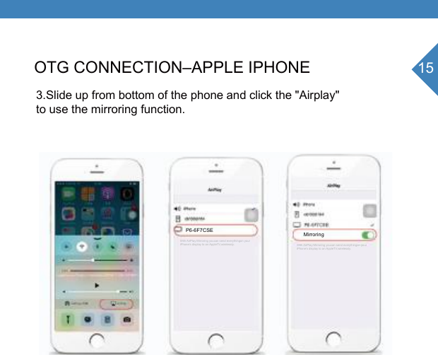 15OTG CONNECTION&ndash;APPLE IPHONE3.Slide up from bottom of the phone and click the "Airplay" to use the mirroring function.P6-6F7CSE MirroringWith AirPlay Mirroring youcan send everythingon your iPhone&rsquo;s display to an AppleTV,wirelessly.  With AirPlay Mirroring youcan send everythingon your iPhone&rsquo;s display to an AppleTV,wirelessly. 
