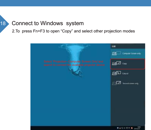 18 Connect to Windows  system 2.To  press Fn+F3 to open &ldquo;Copy&rdquo; and select other projection modesSelect &ldquo;Projection--Computer Screen Only&rdquo;andsearch to connect the available projector device