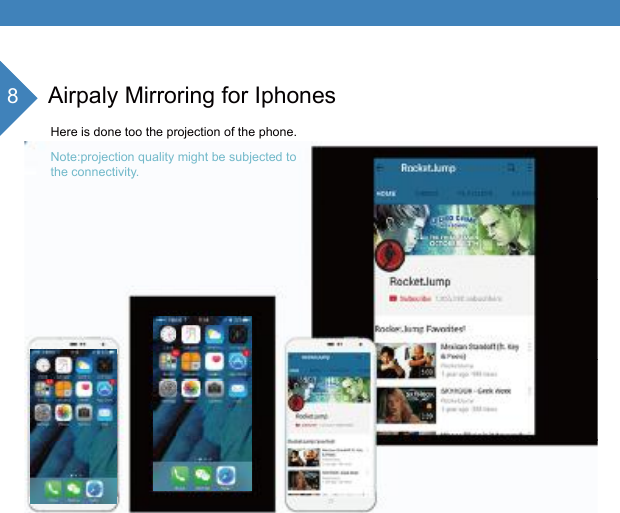 8Airpaly Mirroring for IphonesHere is done too the projection of the phone.Note:projection quality might be subjected tothe connectivity.