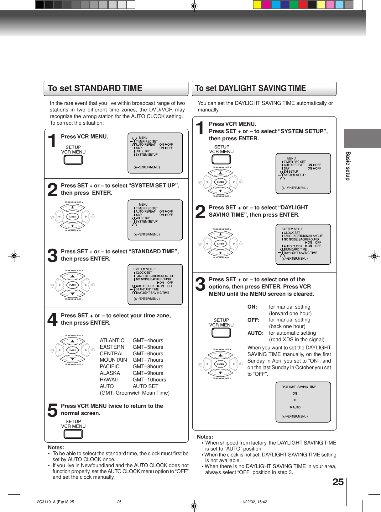 25Basic setupPress VCR MENU.1Press SET + or – to select “SYSTEM SET UP”,then press  ENTER.2Press SET + or – to select “STANDARD TIME”,then press ENTER.3Press SET + or – to select your time zone,then press ENTER.4Press VCR MENU twice to return to thenormal screen.5In the rare event that you live within broadcast range of twostations in two different time zones, the DVD/VCR mayrecognize the wrong station for the AUTO CLOCK setting.To correct the situation:Notes:• To be able to select the standard time, the clock must first beset by AUTO CLOCK once.•If you live in Newfoundland and the AUTO CLOCK does notfunction properly, set the AUTO CLOCK menu option to “OFF”and set the clock manually.Press VCR MENU.Press SET + or – to select “SYSTEM SETUP”,then press ENTER.1Press SET + or – to select “DAYLIGHTSAVING TIME”, then press ENTER.2Press SET + or – to select one of theoptions, then press ENTER. Press VCRMENU until the MENU screen is cleared.3Notes:•When shipped from factory, the DAYLIGHT SAVING TIMEis set to “AUTO” position.• When the clock is not set, DAYLIGHT SAVING TIME settingis not available.• When there is no DAYLIGHT SAVING TIME in your area,always select “OFF” position in step 3.When you want to set the DAYLIGHTSAVING TIME manually, on the firstSunday in April you set to “ON”, andon the last Sunday in October you setto “OFF”.ON:OFF:AUTO:for manual setting(forward one hour)for manual setting(back one hour)for automatic setting(read XDS in the signal)ATLANTIC : GMT–4hoursEASTERN : GMT–5hoursCENTRAL : GMT–6hoursMOUNTAIN : GMT–7hoursPACIFIC : GMT–8hoursALASKA : GMT–9hoursHAWAII : GMT–10hoursAUTO : AUTO SET(GMT: Greenwich Mean Time)To set DAYLIGHT SAVING TIMEYou can set the DAYLIGHT SAVING TIME automatically ormanually.To set STANDARD TIMETRACKING/ SET +TRACKING/ SET –TRACKING/ SET +TRACKING/ SET –TRACKING/ SET +TRACKING/ SET –TRACKING/ SET +TRACKING/ SET –TRACKING/ SET +TRACKING/ SET –TRACKING/ SET +TRACKING/ SET –  2C31101A (E)p18-25 11/22/02, 15:4225