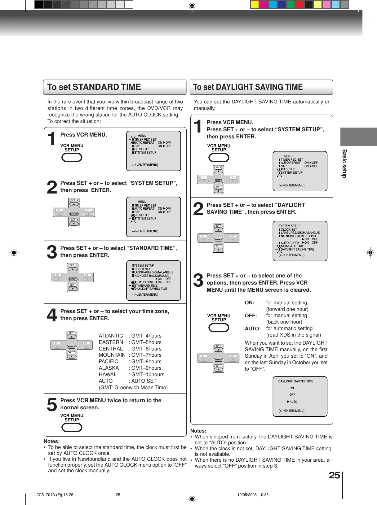 25Basic setupPress VCR MENU.1Press SET + or – to select “SYSTEM SETUP”,then press  ENTER.2Press SET + or – to select “STANDARD TIME”,then press ENTER.3Press SET + or – to select your time zone,then press ENTER.4Press VCR MENU twice to return to thenormal screen.5In the rare event that you live within broadcast range of twostations in two different time zones, the DVD/VCR mayrecognize the wrong station for the AUTO CLOCK setting.To correct the situation:Notes:• To be able to select the standard time, the clock must first beset by AUTO CLOCK once.• If you live in Newfoundland and the AUTO CLOCK does notfunction properly, set the AUTO CLOCK menu option to “OFF”and set the clock manually.Press VCR MENU.Press SET + or – to select “SYSTEM SETUP”,then press ENTER.1Press SET + or – to select “DAYLIGHTSAVING TIME”, then press ENTER.2Press SET + or – to select one of theoptions, then press ENTER. Press VCRMENU until the MENU screen is cleared.3Notes:•When shipped from factory, the DAYLIGHT SAVING TIME isset to “AUTO” position.•When the clock is not set, DAYLIGHT SAVING TIME settingis not available.•When there is no DAYLIGHT SAVING TIME in your area, al-ways select “OFF” position in step 3.When you want to set the DAYLIGHTSAVING TIME manually, on the firstSunday in April you set to “ON”, andon the last Sunday in October you setto “OFF”.ON:OFF:AUTO:for manual setting(forward one hour)for manual setting(back one hour)for automatic setting(read XDS in the signal)ATLANTIC : GMT–4hoursEASTERN : GMT–5hoursCENTRAL : GMT–6hoursMOUNTAIN : GMT–7hoursPACIFIC : GMT–8hoursALASKA : GMT–9hoursHAWAII : GMT–10hoursAUTO : AUTO SET(GMT: Greenwich Mean Time)To set DAYLIGHT SAVING TIMEYou can set the DAYLIGHT SAVING TIME automatically ormanually.To set STANDARD TIMEVCR MENUSETUPVCR MENUSETUPSET +SET –CH –CH +ENTERSET +SET –CH –CH +ENTERSET +SET –CH –CH +ENTERVCR MENUSETUPSET +SET –CH –CH +ENTERSET +SET –CH –CH +ENTERVCR MENUSETUPSET +SET –CH –CH +ENTER  2C51701A (E)p18-25 19/05/2003, 10:3525