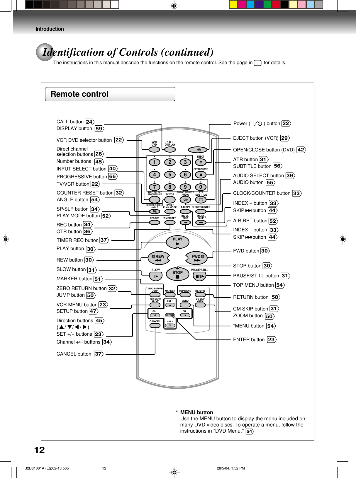 12IntroductionRemote control* MENU buttonUse the MENU button to display the menu included onmany DVD video discs. To operate a menu, follow theinstructions in “DVD Menu.” 54Identification of Controls (continued)The instructions in this manual describe the functions on the remote control. See the page in   for details.FWDREWSTOPPAUSE/STILLVCRDVD CALLDISPLAYTV/VCR AUDIO SELECTAUDIO ATRSUBTITLEA-B RPTCLOCK/COUNTERSP/SLPPLAY MODECOUNTER RESETANGLEINPUT SELECTPROGRESSIVEINDEX SKIP INDEXSKIPTIMER RECREC/OTROPEN/CLOSEEJECTMARKERSET +SET –CH –CH +TOP MENU RETURNZERO RETURNJUMPMENUVCR MENUSETUP CM SKIPZOOMCANCELENTERPLAY8796543210SLOW+–OPEN/CLOSE button (DVD)42ENTER button23RETURN button58CANCEL button37CLOCK/COUNTER button33CM SKIP buttonZOOM button315450MARKER buttonINPUT SELECT button40PROGRESSIVE button66PAUSE/STILL buttonSLOW buttonVCR DVD selector button2231SP/SLP buttonPLAY MODE button3452AUDIO SELECT buttonAUDIO button395155FWD button3031INDEX + buttonSKIP      button4433A-B RPT button52PLAY button30Channel +/– buttons342459CALL buttonDISPLAY buttonINDEX – buttonSKIP      button4433TIMER REC buttonSET +/- buttons23EJECT button (VCR)29TOP MENU button54VCR MENU buttonSETUP button234756TV/VCR button22ATR buttonSUBTITLE button31COUNTER RESET buttonANGLE button543237REW button30ZERO RETURN buttonJUMP button3250STOP button30REC buttonOTR button3436*MENU button(    /    /    /    )Direction buttons45Direct channelselection buttonsNumber buttons452822) buttonPower (J2D81001A (E)p02-13.p65 28/5/04, 1:52 PM12