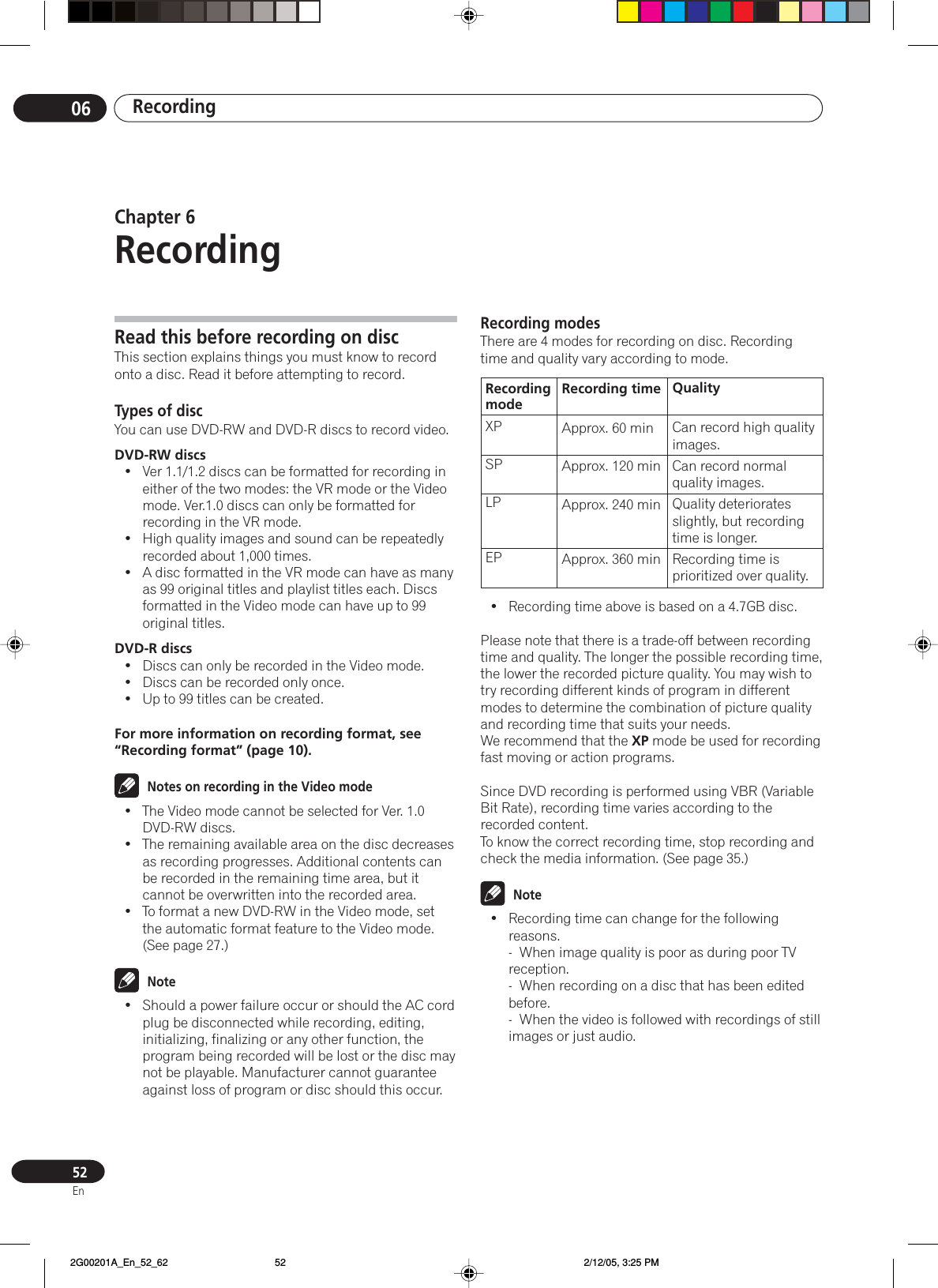 Recording0652EnRead this before recording on discThis section explains things you must know to recordonto a disc. Read it before attempting to record.Types of discYou can use DVD-RW and DVD-R discs to record video.DVD-RW discs• Ver 1.1/1.2 discs can be formatted for recording ineither of the two modes: the VR mode or the Videomode. Ver.1.0 discs can only be formatted forrecording in the VR mode.• High quality images and sound can be repeatedlyrecorded about 1,000 times.• A disc formatted in the VR mode can have as manyas 99 original titles and playlist titles each. Discsformatted in the Video mode can have up to 99original titles.DVD-R discs• Discs can only be recorded in the Video mode.• Discs can be recorded only once.• Up to 99 titles can be created.For more information on recording format, see“Recording format” (page 10).Notes on recording in the Video mode• The Video mode cannot be selected for Ver. 1.0DVD-RW discs.• The remaining available area on the disc decreasesas recording progresses. Additional contents canbe recorded in the remaining time area, but itcannot be overwritten into the recorded area.• To format a new DVD-RW in the Video mode, setthe automatic format feature to the Video mode.(See page 27.)Note• Should a power failure occur or should the AC cordplug be disconnected while recording, editing,initializing, finalizing or any other function, theprogram being recorded will be lost or the disc maynot be playable. Manufacturer cannot guaranteeagainst loss of program or disc should this occur.Chapter 6RecordingRecordingmodeXPSPLPEPRecording timeApprox. 60 minApprox. 120 minApprox. 240 minApprox. 360 minQualityCan record high qualityimages.Can record normalquality images.Quality deterioratesslightly, but recordingtime is longer.Recording time isprioritized over quality.Recording modesThere are 4 modes for recording on disc. Recordingtime and quality vary according to mode.• Recording time above is based on a 4.7GB disc.Please note that there is a trade-off between recordingtime and quality. The longer the possible recording time,the lower the recorded picture quality. You may wish totry recording different kinds of program in differentmodes to determine the combination of picture qualityand recording time that suits your needs.We recommend that the XP mode be used for recordingfast moving or action programs.Since DVD recording is performed using VBR (VariableBit Rate), recording time varies according to therecorded content.To know the correct recording time, stop recording andcheck the media information. (See page 35.)Note• Recording time can change for the followingreasons.-  When image quality is poor as during poor TVreception.-  When recording on a disc that has been editedbefore.-  When the video is followed with recordings of stillimages or just audio. 2G00201A_En_52_62 2/12/05, 3:25 PM52