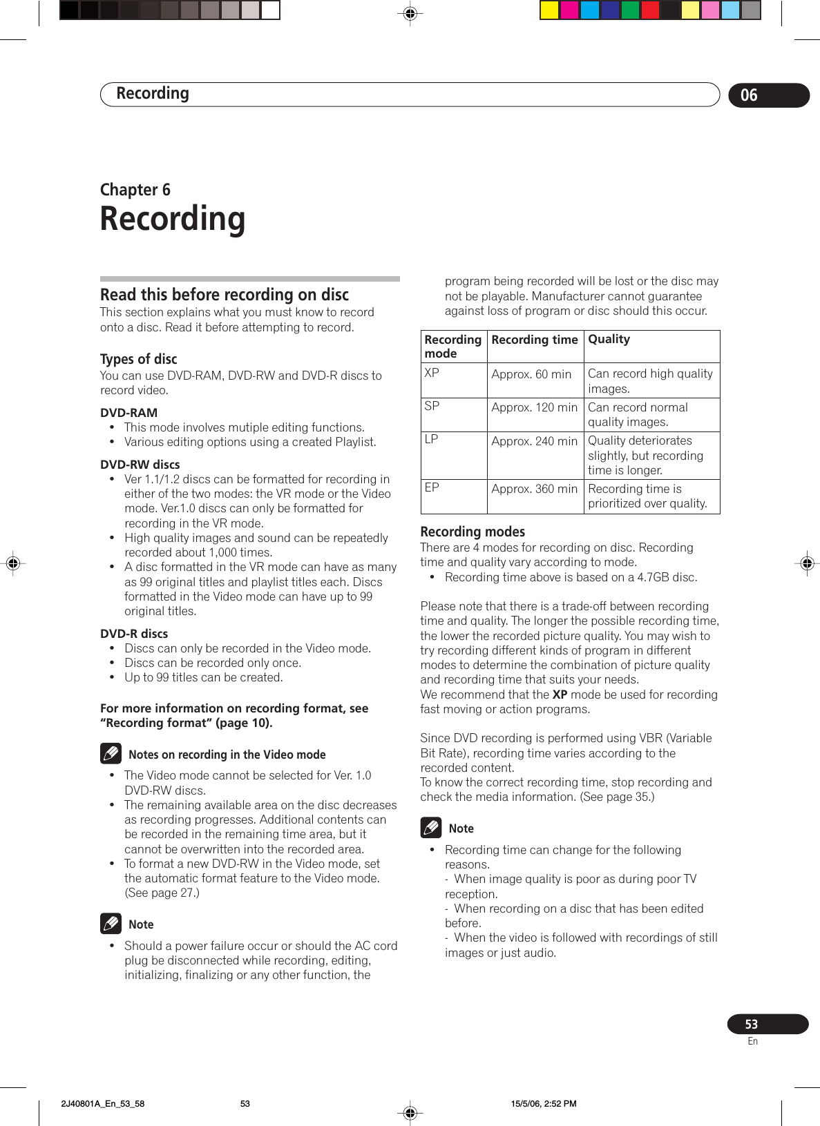 Recording 0653EnRead this before recording on discThis section explains what you must know to recordonto a disc. Read it before attempting to record.Types of discYou can use DVD-RAM, DVD-RW and DVD-R discs torecord video.DVD-RAM• This mode involves mutiple editing functions.•Various editing options using a created Playlist.DVD-RW discs•Ver 1.1/1.2 discs can be formatted for recording ineither of the two modes: the VR mode or the Videomode. Ver.1.0 discs can only be formatted forrecording in the VR mode.•High quality images and sound can be repeatedlyrecorded about 1,000 times.•A disc formatted in the VR mode can have as manyas 99 original titles and playlist titles each. Discsformatted in the Video mode can have up to 99original titles.DVD-R discs•Discs can only be recorded in the Video mode.•Discs can be recorded only once.• Up to 99 titles can be created.For more information on recording format, see“Recording format” (page 10).Notes on recording in the Video mode•The Video mode cannot be selected for Ver. 1.0DVD-RW discs.•The remaining available area on the disc decreasesas recording progresses. Additional contents canbe recorded in the remaining time area, but itcannot be overwritten into the recorded area.•To format a new DVD-RW in the Video mode, setthe automatic format feature to the Video mode.(See page 27.)Note•Should a power failure occur or should the AC cordplug be disconnected while recording, editing,initializing, finalizing or any other function, theChapter 6RecordingRecordingmodeXPSPLPEPRecording timeApprox. 60 minApprox. 120 minApprox. 240 minApprox. 360 minQualityCan record high qualityimages.Can record normalquality images.Quality deterioratesslightly, but recordingtime is longer.Recording time isprioritized over quality.program being recorded will be lost or the disc maynot be playable. Manufacturer cannot guaranteeagainst loss of program or disc should this occur.Recording modesThere are 4 modes for recording on disc. Recordingtime and quality vary according to mode.•Recording time above is based on a 4.7GB disc.Please note that there is a trade-off between recordingtime and quality. The longer the possible recording time,the lower the recorded picture quality. You may wish totry recording different kinds of program in differentmodes to determine the combination of picture qualityand recording time that suits your needs.We recommend that the XP mode be used for recordingfast moving or action programs.Since DVD recording is performed using VBR (VariableBit Rate), recording time varies according to therecorded content.To know the correct recording time, stop recording andcheck the media information. (See page 35.)Note•Recording time can change for the followingreasons.-  When image quality is poor as during poor TVreception.-  When recording on a disc that has been editedbefore.-  When the video is followed with recordings of stillimages or just audio. 2J40801A_En_53_58 15/5/06, 2:52 PM53