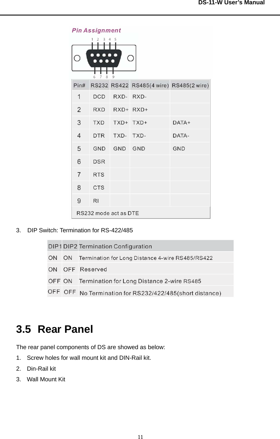  DS-11-W User’s Manual  11 3.  DIP Switch: Termination for RS-422/485   3.5 Rear Panel The rear panel components of DS are showed as below: 1.  Screw holes for wall mount kit and DIN-Rail kit.     2. Din-Rail kit 3.  Wall Mount Kit 