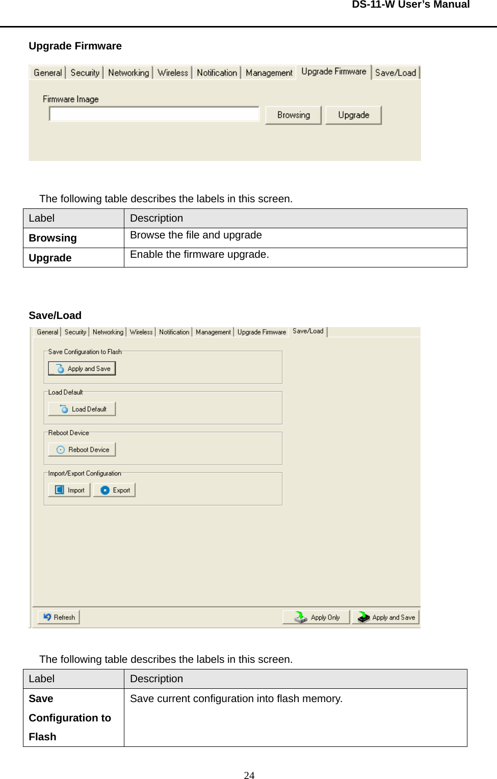  DS-11-W User’s Manual  24Upgrade Firmware   The following table describes the labels in this screen.     Label  Description Browsing  Browse the file and upgrade Upgrade  Enable the firmware upgrade.       Save/Load   The following table describes the labels in this screen.     Label  Description Save Configuration to Flash Save current configuration into flash memory.     