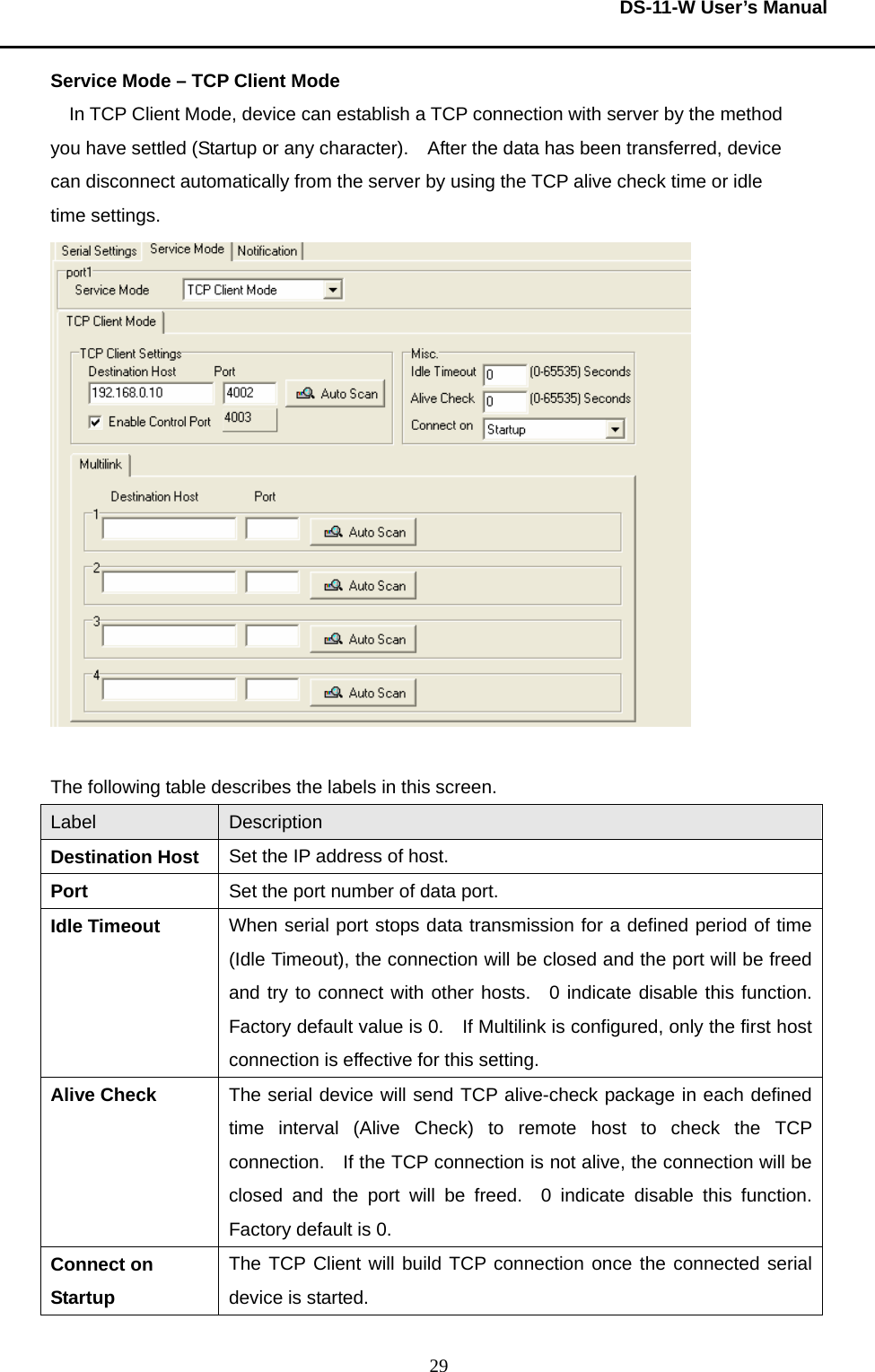  DS-11-W User’s Manual  29Service Mode – TCP Client Mode In TCP Client Mode, device can establish a TCP connection with server by the method you have settled (Startup or any character).    After the data has been transferred, device can disconnect automatically from the server by using the TCP alive check time or idle time settings.     The following table describes the labels in this screen.     Label  Description Destination Host  Set the IP address of host.     Port  Set the port number of data port.     Idle Timeout  When serial port stops data transmission for a defined period of time (Idle Timeout), the connection will be closed and the port will be freed and try to connect with other hosts.  0 indicate disable this function.  Factory default value is 0.    If Multilink is configured, only the first host connection is effective for this setting.     Alive Check  The serial device will send TCP alive-check package in each defined time interval (Alive Check) to remote host to check the TCP connection.    If the TCP connection is not alive, the connection will be closed and the port will be freed.  0 indicate disable this function.  Factory default is 0.     Connect on Startup The TCP Client will build TCP connection once the connected serial device is started. 