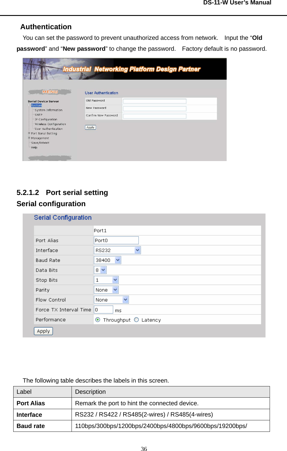  DS-11-W User’s Manual  36Authentication You can set the password to prevent unauthorized access from network.    Input the “Old password” and “New password” to change the password.    Factory default is no password.        5.2.1.2  Port serial setting Serial configuration     The following table describes the labels in this screen.     Label  Description Port Alias  Remark the port to hint the connected device. Interface  RS232 / RS422 / RS485(2-wires) / RS485(4-wires) Baud rate  110bps/300bps/1200bps/2400bps/4800bps/9600bps/19200bps/ 