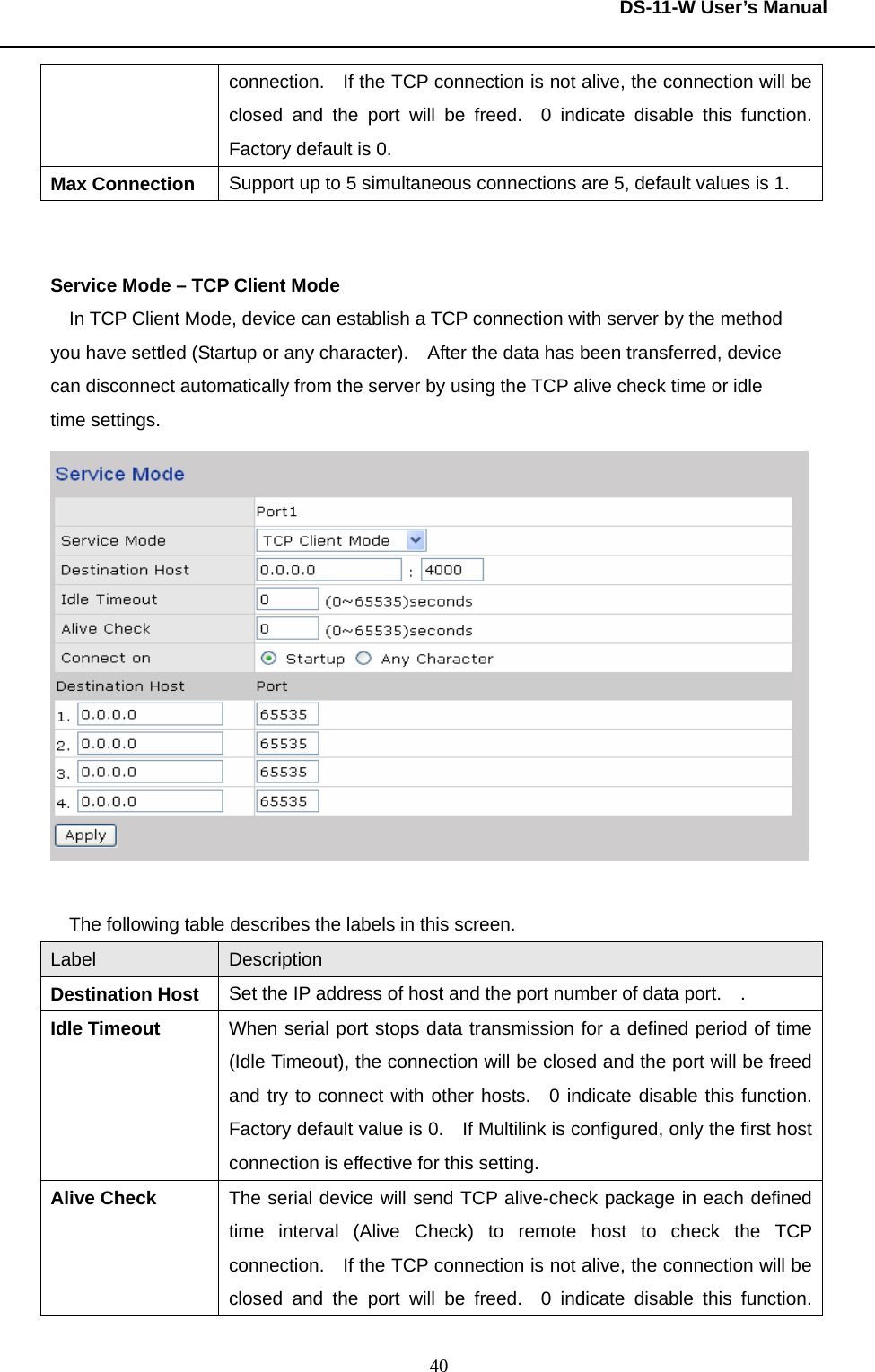  DS-11-W User’s Manual  40connection.    If the TCP connection is not alive, the connection will be closed and the port will be freed.  0 indicate disable this function.  Factory default is 0.     Max Connection  Support up to 5 simultaneous connections are 5, default values is 1.     Service Mode – TCP Client Mode In TCP Client Mode, device can establish a TCP connection with server by the method you have settled (Startup or any character).    After the data has been transferred, device can disconnect automatically from the server by using the TCP alive check time or idle time settings.     The following table describes the labels in this screen.     Label  Description Destination Host  Set the IP address of host and the port number of data port.    .     Idle Timeout  When serial port stops data transmission for a defined period of time (Idle Timeout), the connection will be closed and the port will be freed and try to connect with other hosts.  0 indicate disable this function.  Factory default value is 0.    If Multilink is configured, only the first host connection is effective for this setting.     Alive Check  The serial device will send TCP alive-check package in each defined time interval (Alive Check) to remote host to check the TCP connection.    If the TCP connection is not alive, the connection will be closed and the port will be freed.  0 indicate disable this function.  