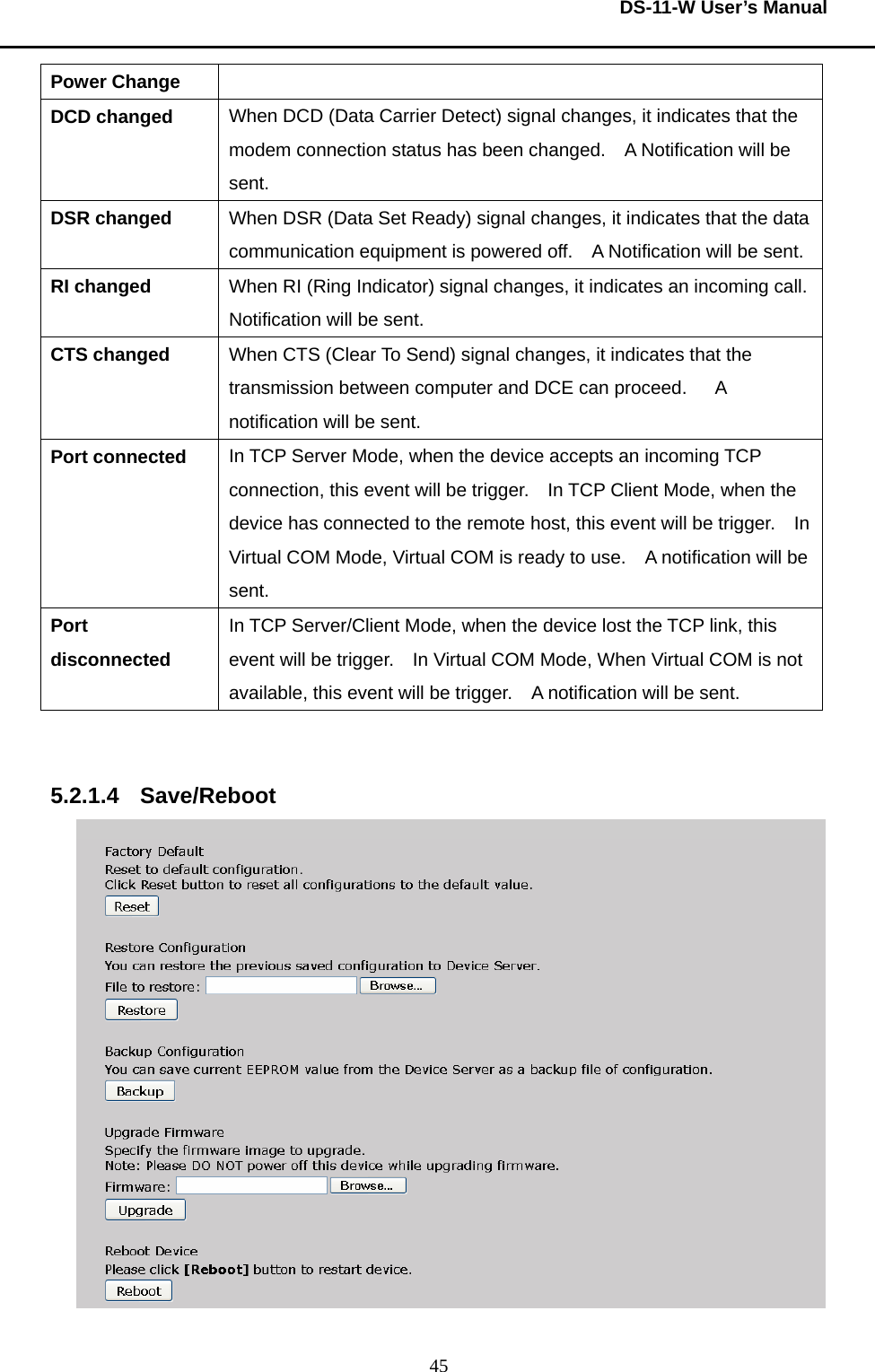  DS-11-W User’s Manual  45Power Change DCD changed  When DCD (Data Carrier Detect) signal changes, it indicates that the modem connection status has been changed.    A Notification will be sent.   DSR changed  When DSR (Data Set Ready) signal changes, it indicates that the data communication equipment is powered off.    A Notification will be sent.   RI changed  When RI (Ring Indicator) signal changes, it indicates an incoming call.   Notification will be sent.     CTS changed  When CTS (Clear To Send) signal changes, it indicates that the transmission between computer and DCE can proceed.      A notification will be sent.     Port connected  In TCP Server Mode, when the device accepts an incoming TCP connection, this event will be trigger.    In TCP Client Mode, when the device has connected to the remote host, this event will be trigger.    In Virtual COM Mode, Virtual COM is ready to use.    A notification will be sent.   Port disconnected In TCP Server/Client Mode, when the device lost the TCP link, this event will be trigger.    In Virtual COM Mode, When Virtual COM is not available, this event will be trigger.  A notification will be sent.     5.2.1.4 Save/Reboot  