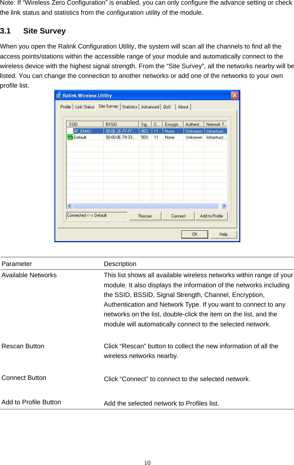  10  Note: If “Wireless Zero Configuration” is enabled, you can only configure the advance setting or check the link status and statistics from the configuration utility of the module.  3.1 Site Survey When you open the Ralink Configuration Utility, the system will scan all the channels to find all the access points/stations within the accessible range of your module and automatically connect to the wireless device with the highest signal strength. From the “Site Survey”, all the networks nearby will be listed. You can change the connection to another networks or add one of the networks to your own profile list.    Parameter Description Available Networks  This list shows all available wireless networks within range of your module. It also displays the information of the networks including the SSID, BSSID, Signal Strength, Channel, Encryption, Authentication and Network Type. If you want to connect to any networks on the list, double-click the item on the list, and the module will automatically connect to the selected network.   Rescan Button  Click “Rescan” button to collect the new information of all the wireless networks nearby.   Connect Button  Click “Connect” to connect to the selected network.   Add to Profile Button  Add the selected network to Profiles list.  